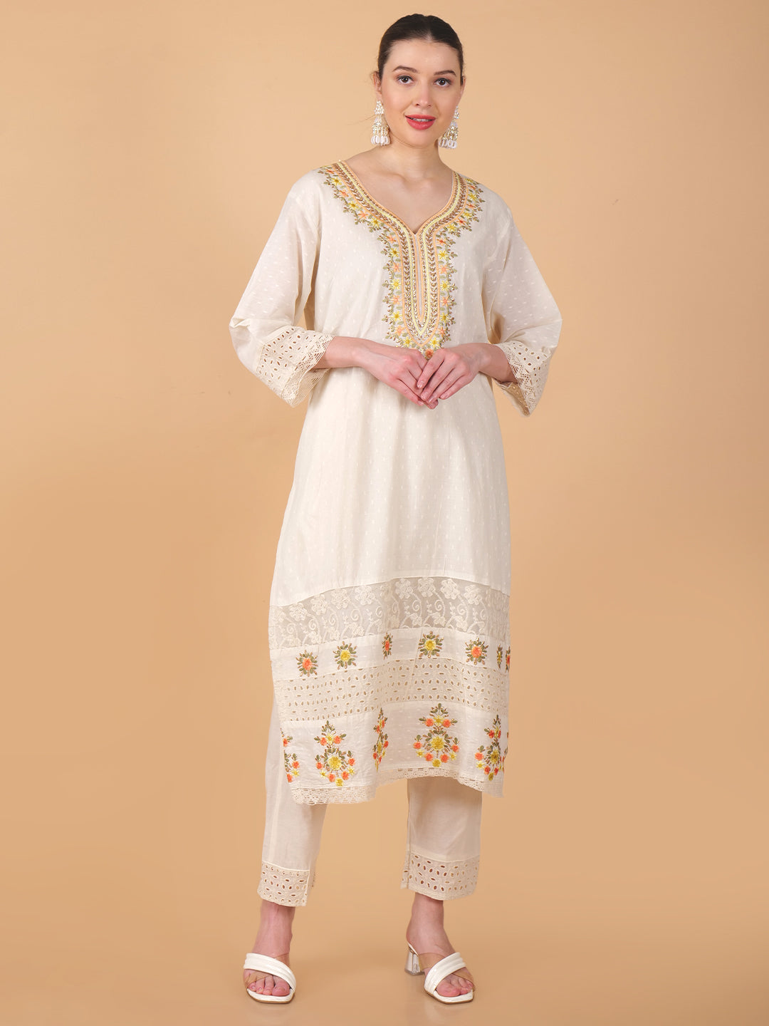 Suique Embroidered Beige Floral Suit Set