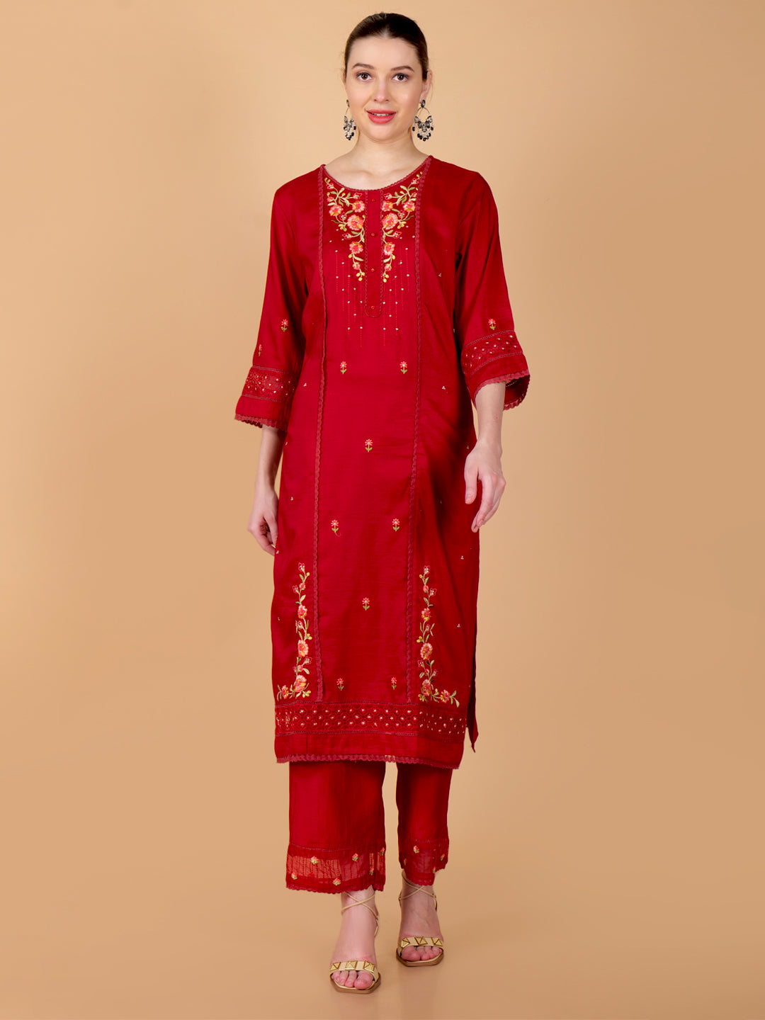 Suique Regal Red Embroidered Suit Set