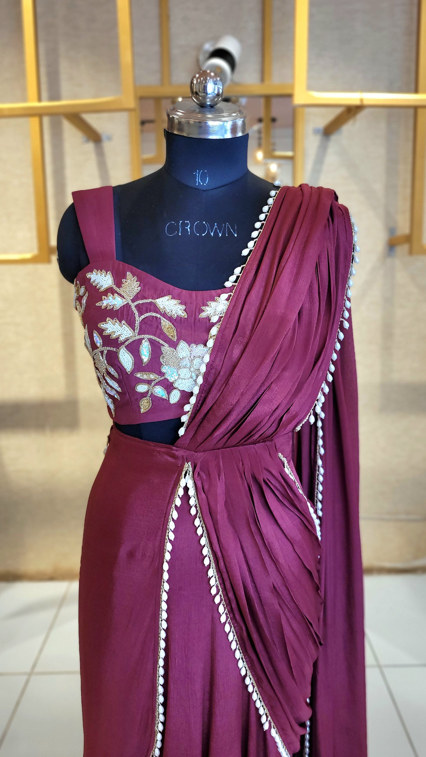 Suique Maroon Draped Saree Set with Hand Embroidery