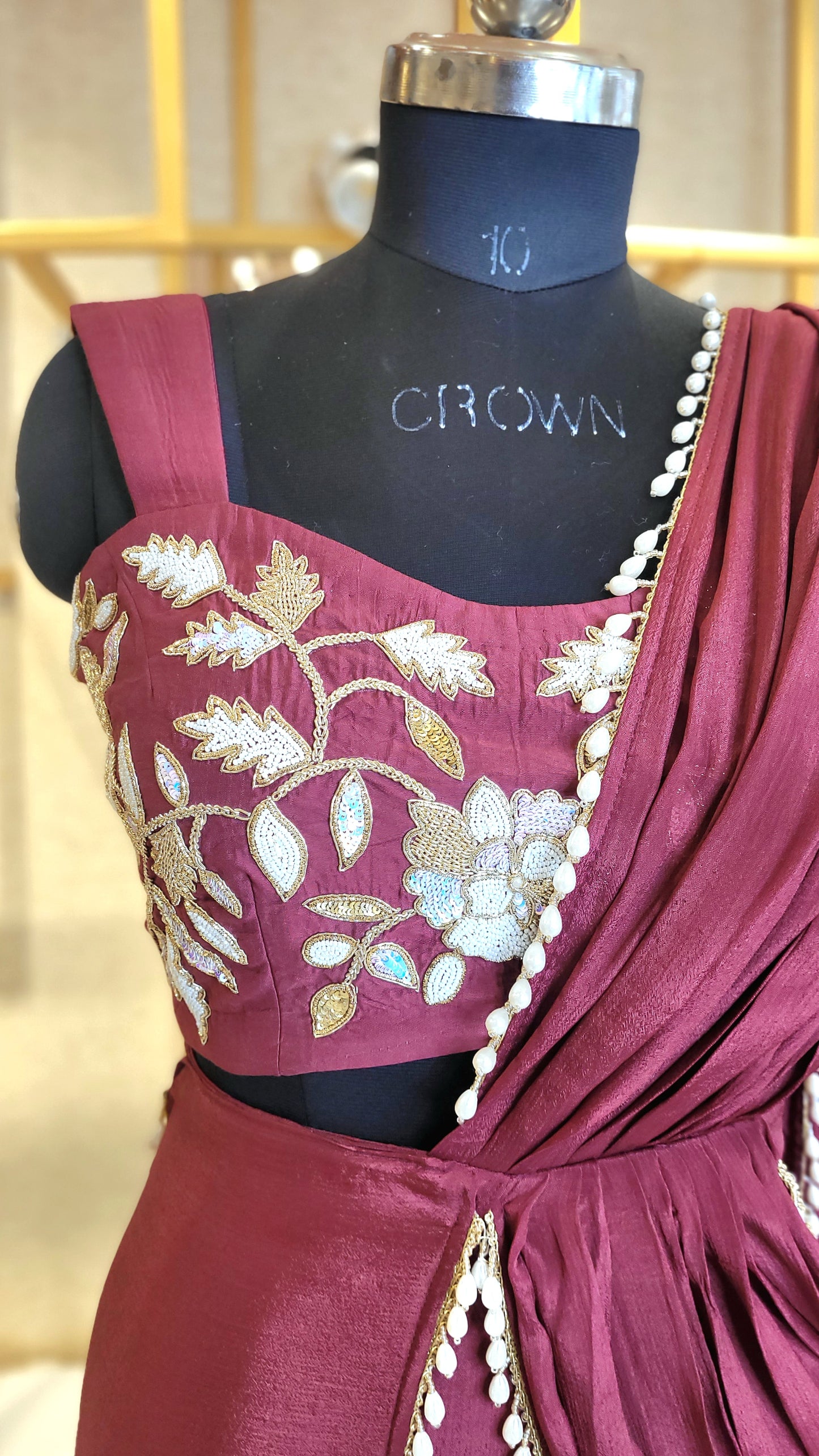 Suique Maroon Draped Saree Set with Hand Embroidery