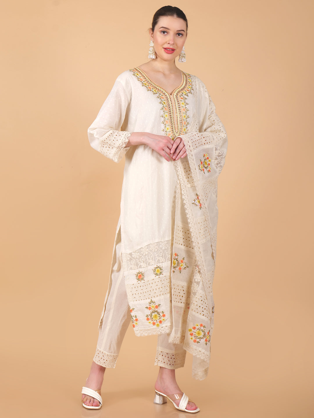 Suique Embroidered Beige Floral Suit Set