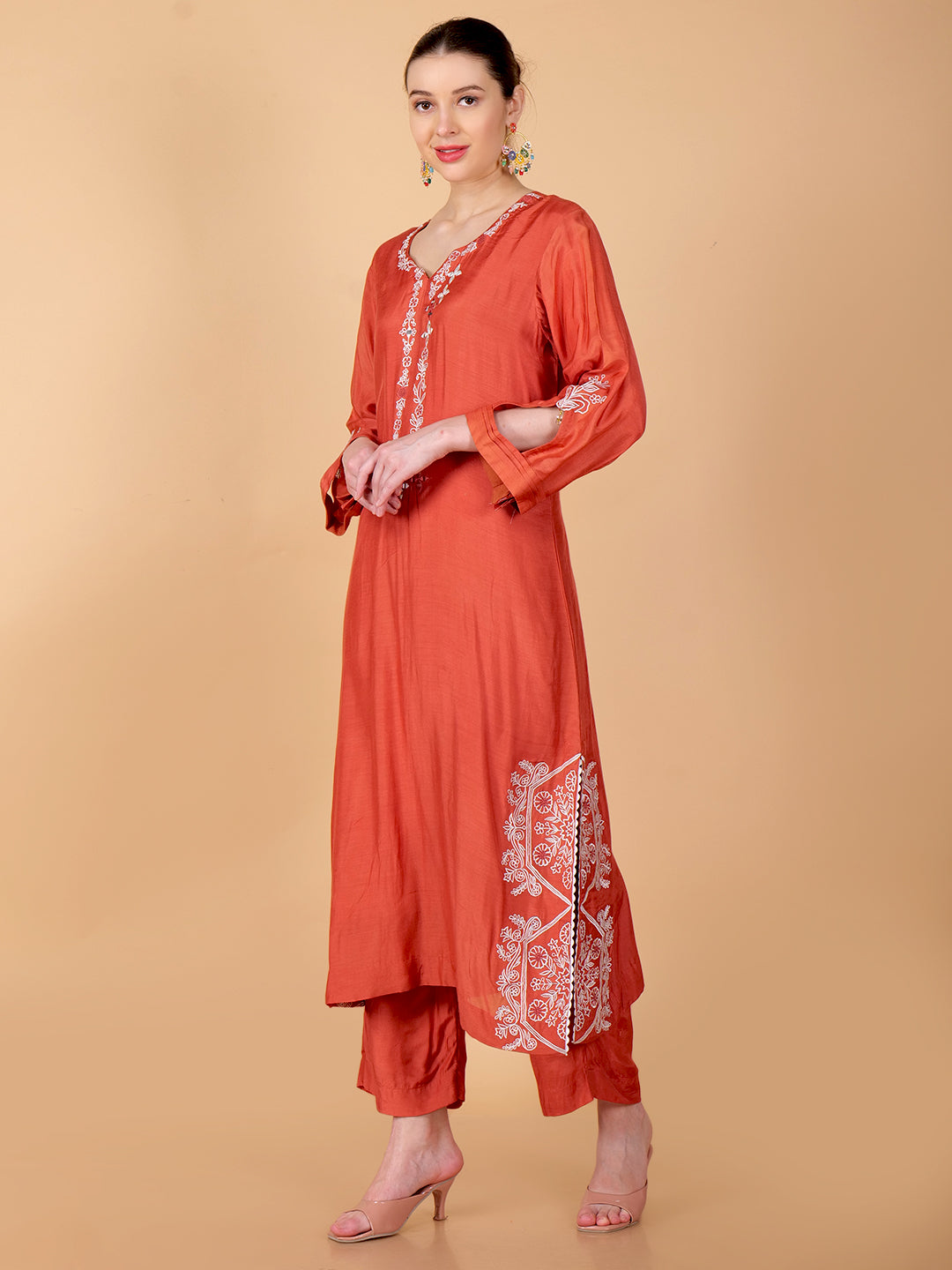 Suique Rust Embroidered Kurta Set with Mirror Detailing