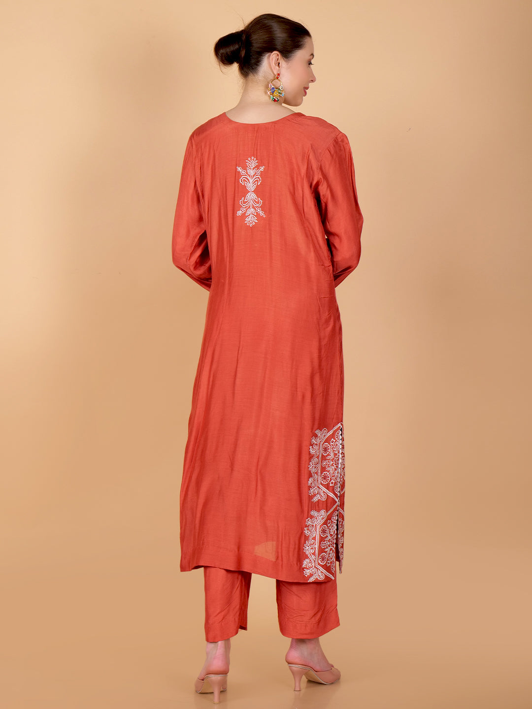 Suique Rust Embroidered Kurta Set with Mirror Detailing