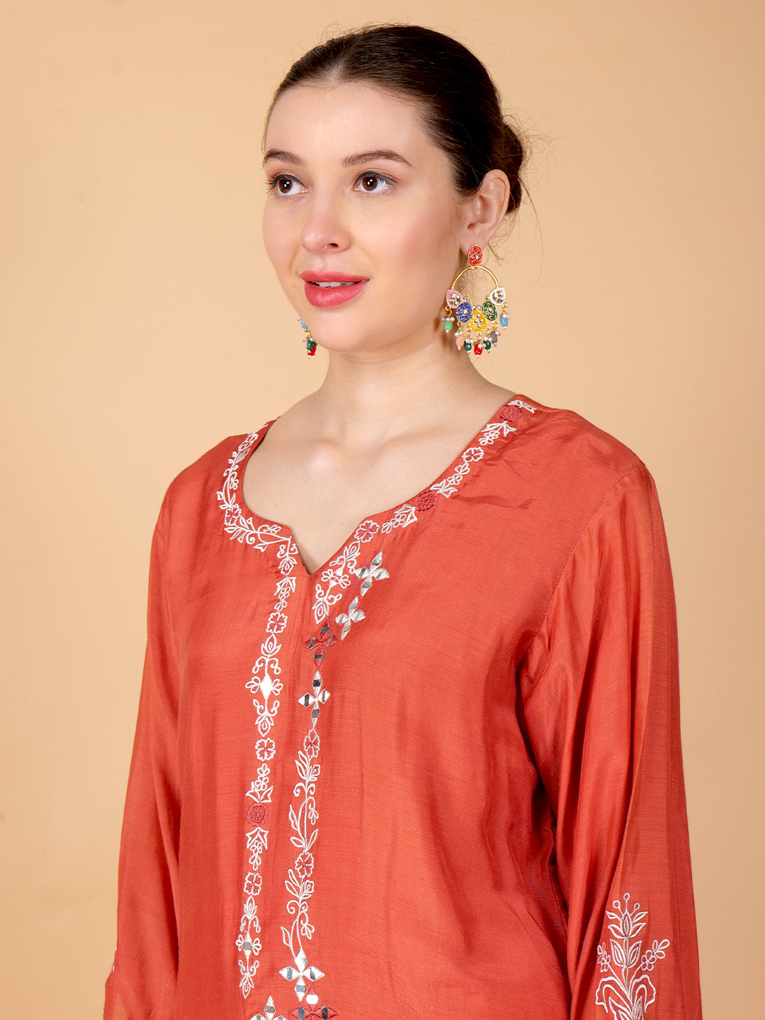 Suique Rust Embroidered Kurta Set with Mirror Detailing