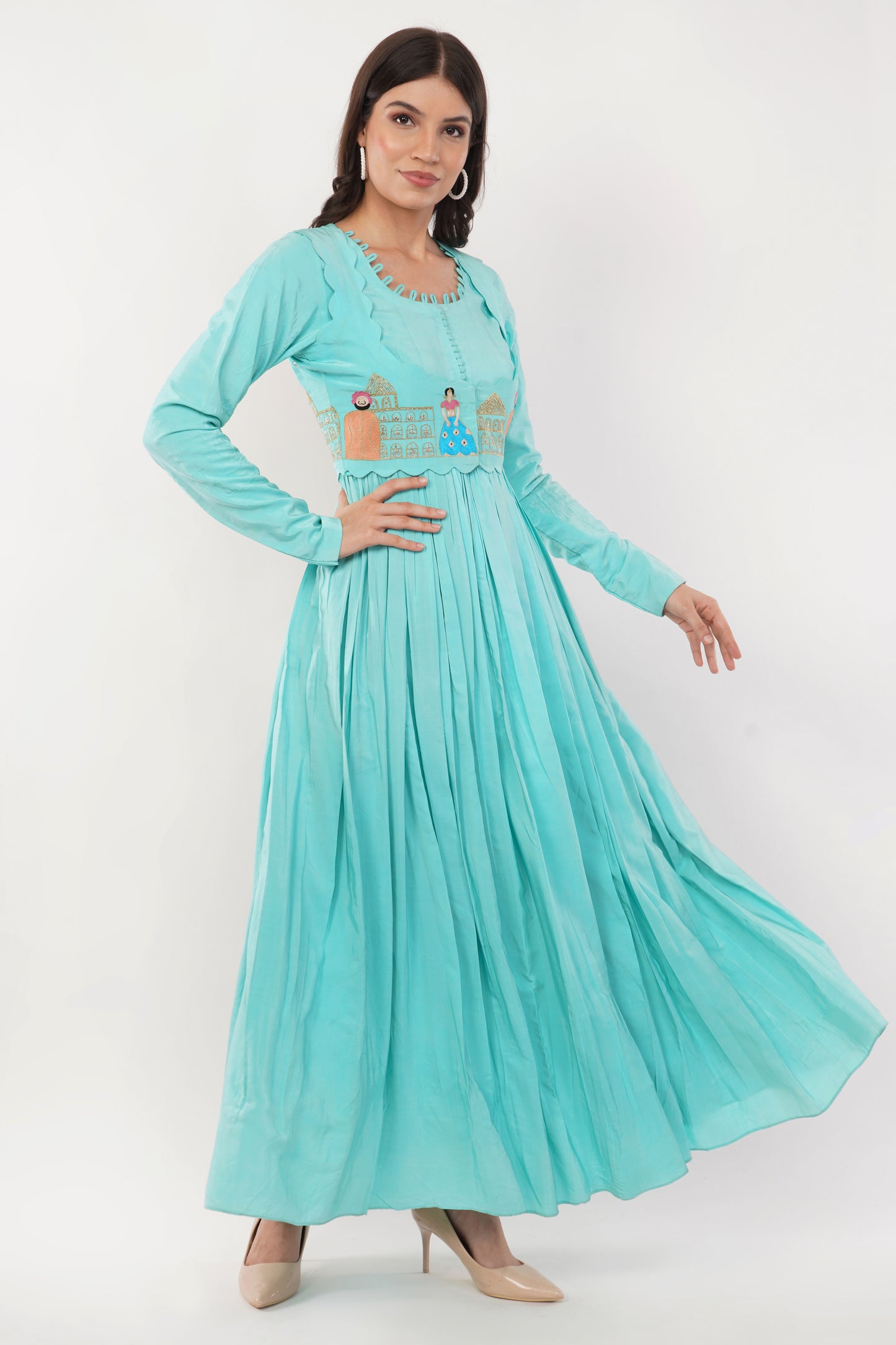 Suique Sky- Blue Embroidered Flowy Dress