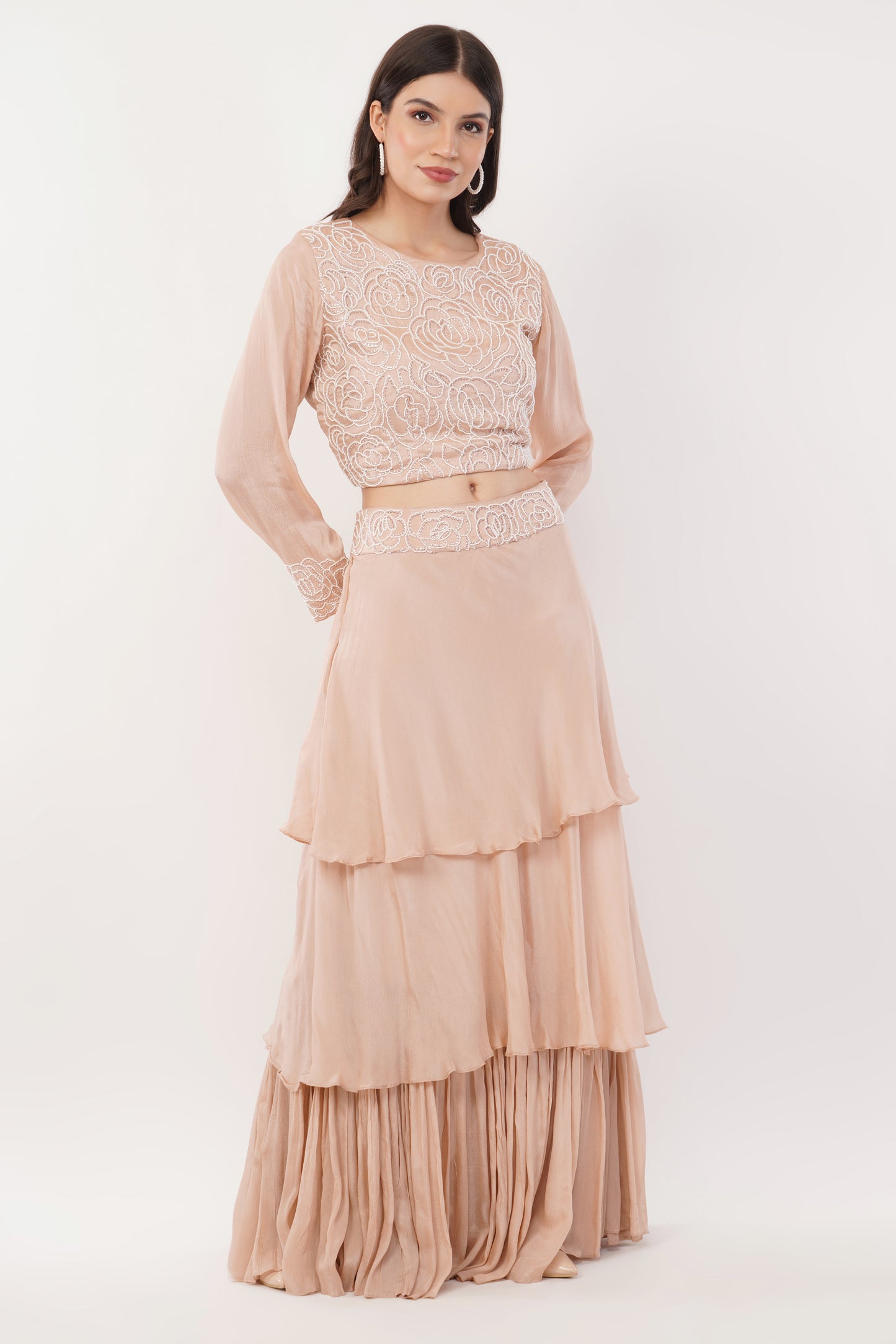 Suique Graceful Blush Tiered Dress with Handcrafted Pearl Detailing