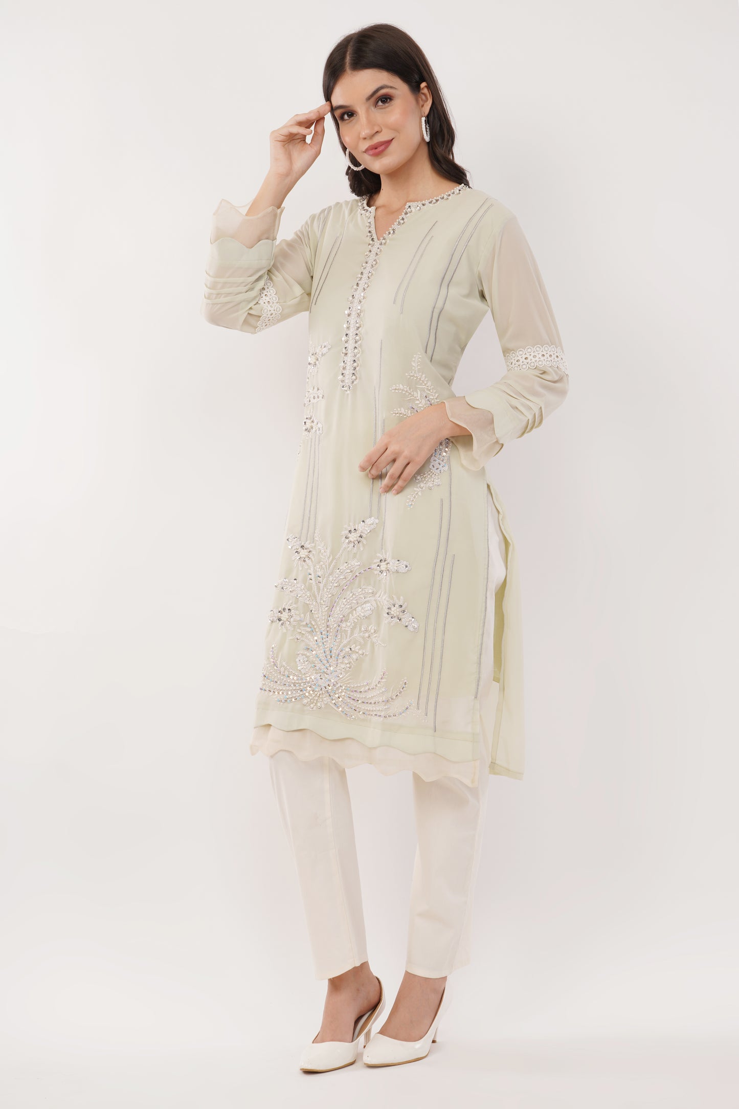 Suique Hand-Embellished Mint Suit Set