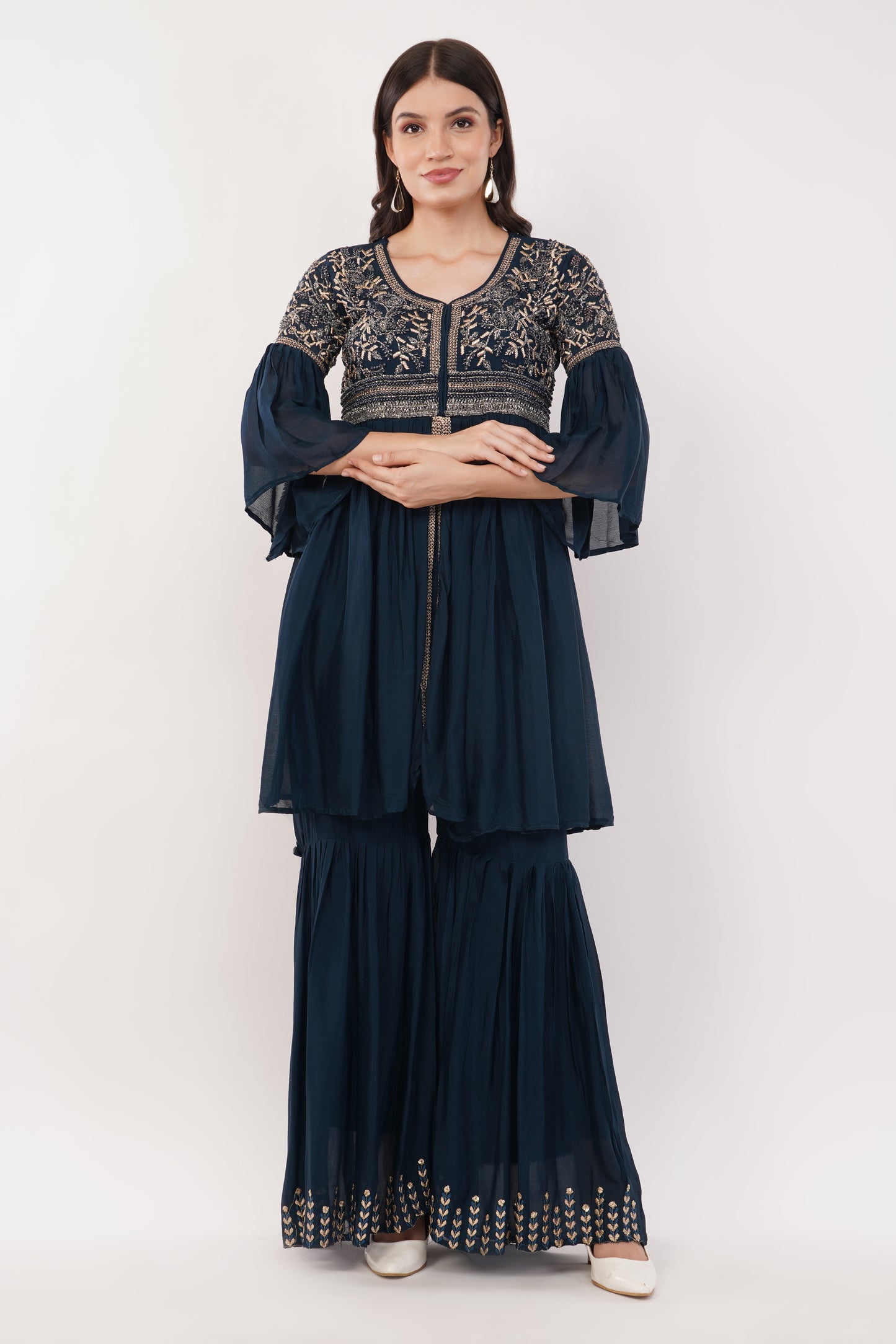 Suique Navy Tiered Ensemble with Embroidered Detail Garara Set