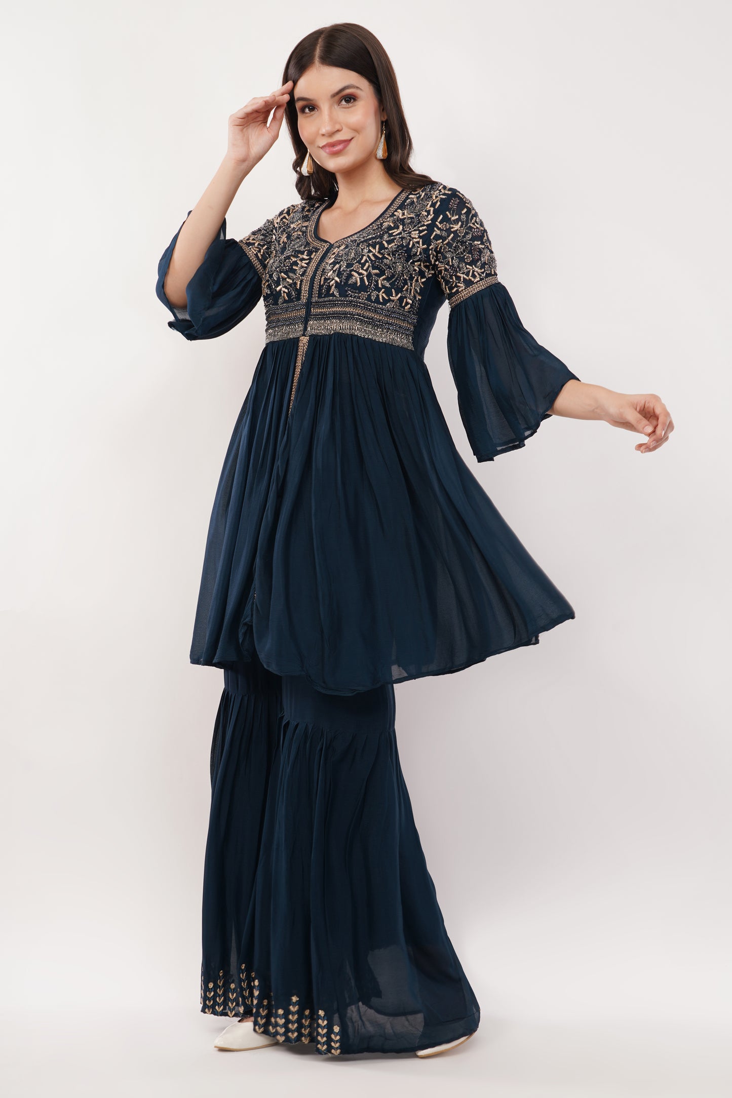 Suique Navy Tiered Ensemble with Embroidered Detail Garara Set