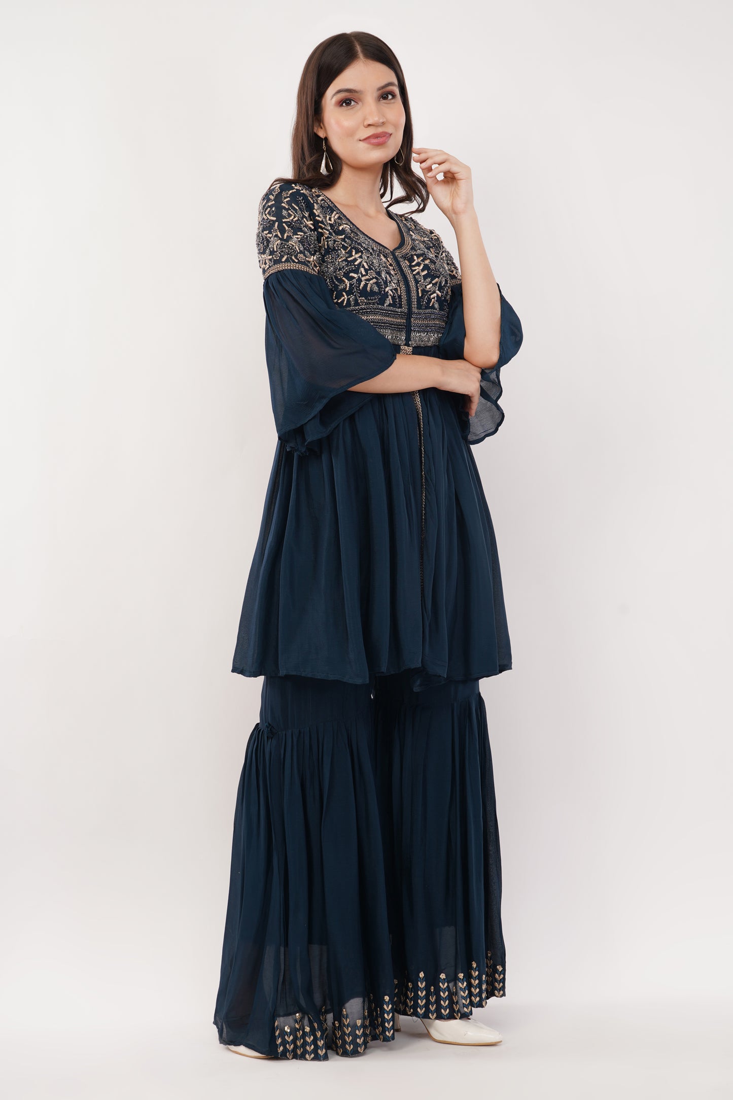 Suique Navy Tiered Ensemble with Embroidered Detail Garara Set
