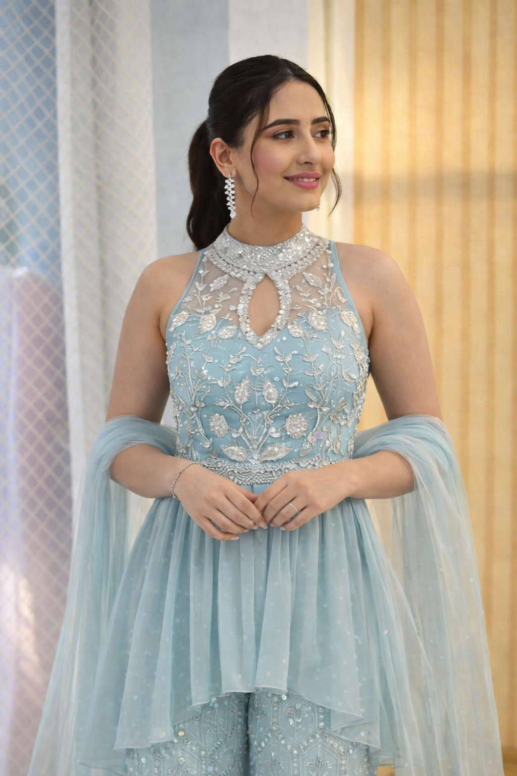 Powder Blue Embroidered Peplum Palazzo Set