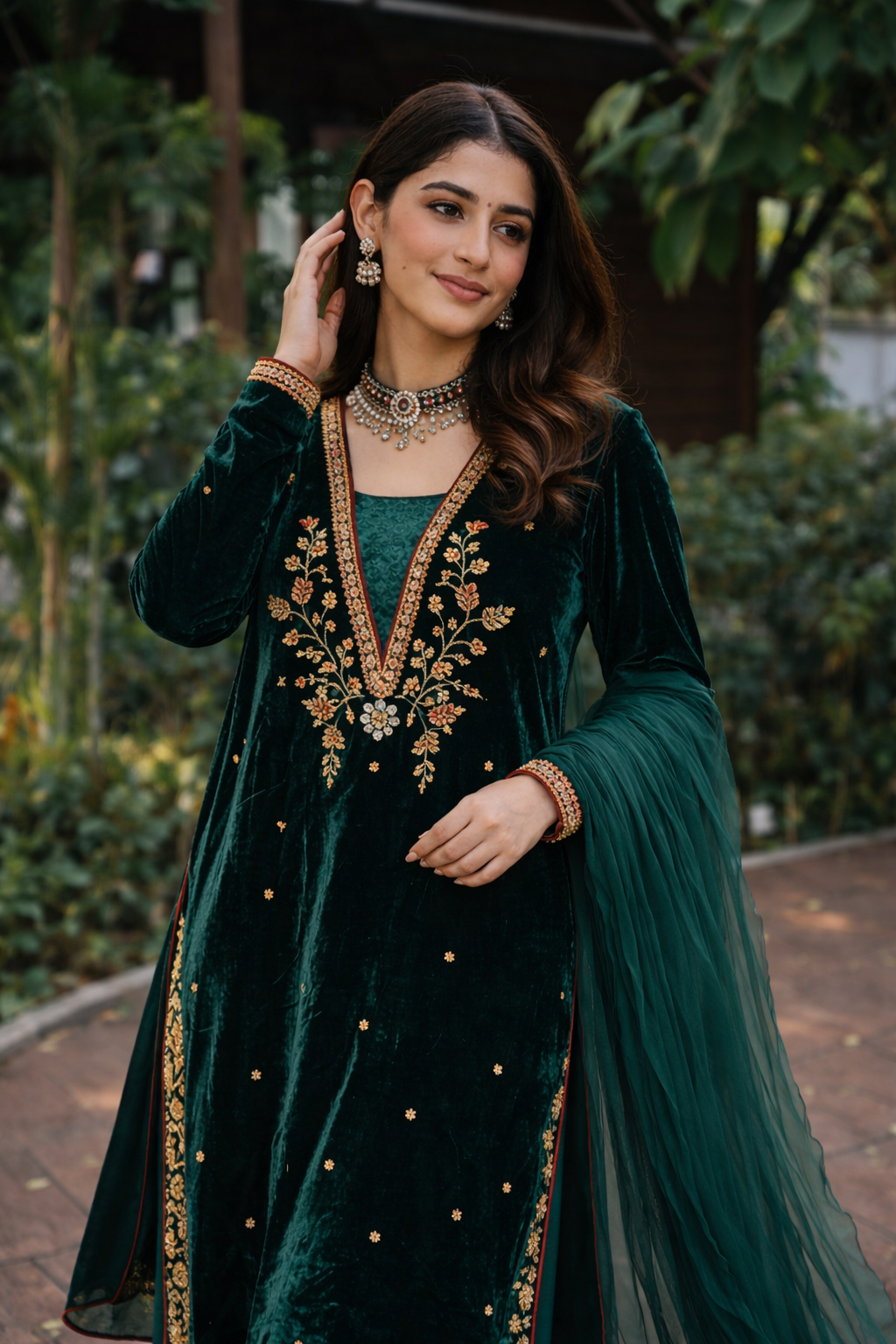 Emerald Velvet Embroidered Suit Set