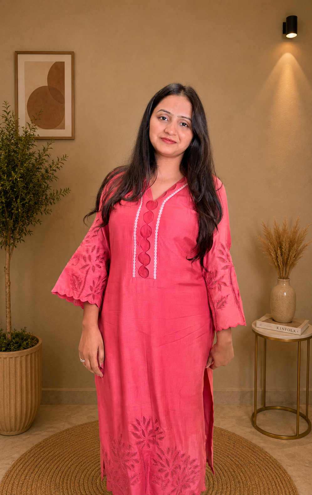 Rose Pink Embroidered Cotton Kurta Set