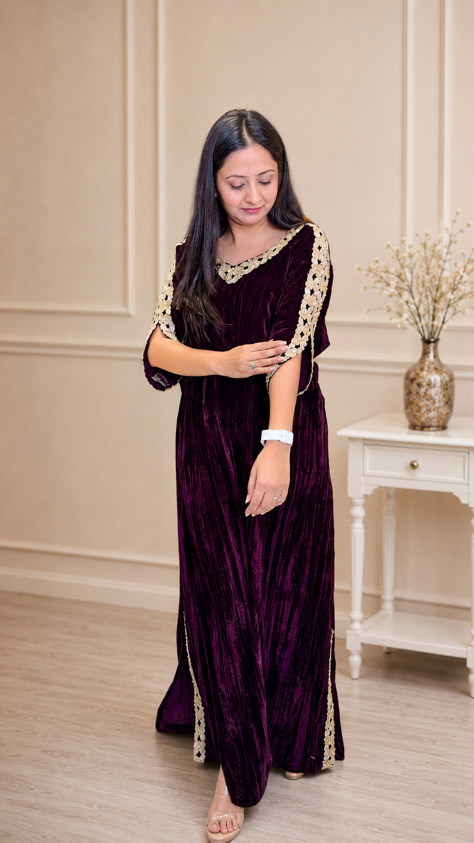 Wine Velvet Kaftan Kurta with Gold Lace Detailing