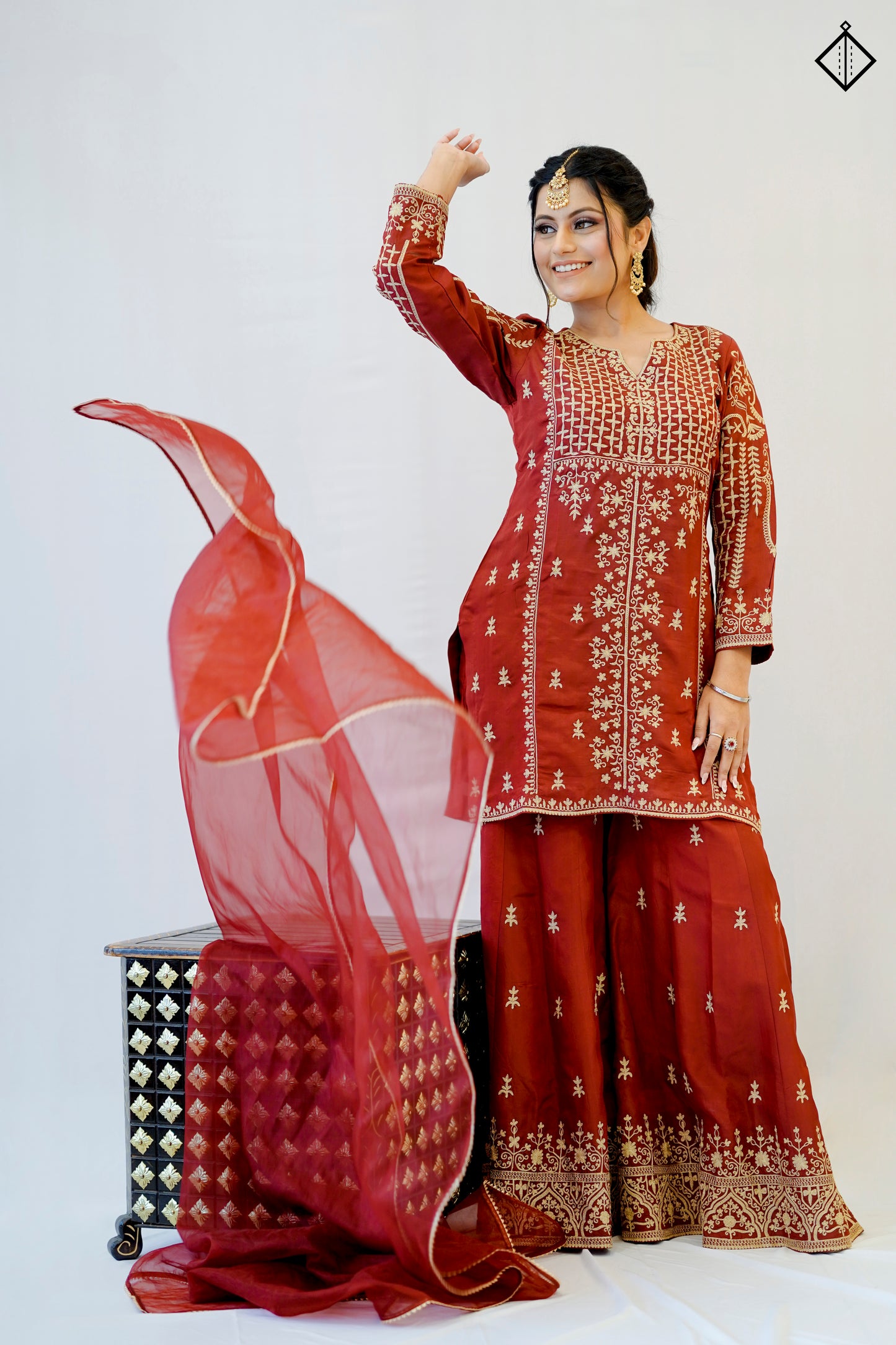 Suique Maroon Embroidered Sharara Set