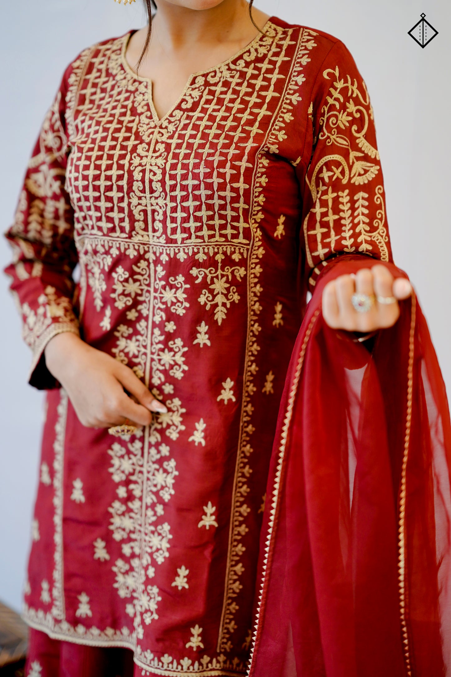 Suique Maroon Embroidered Sharara Set