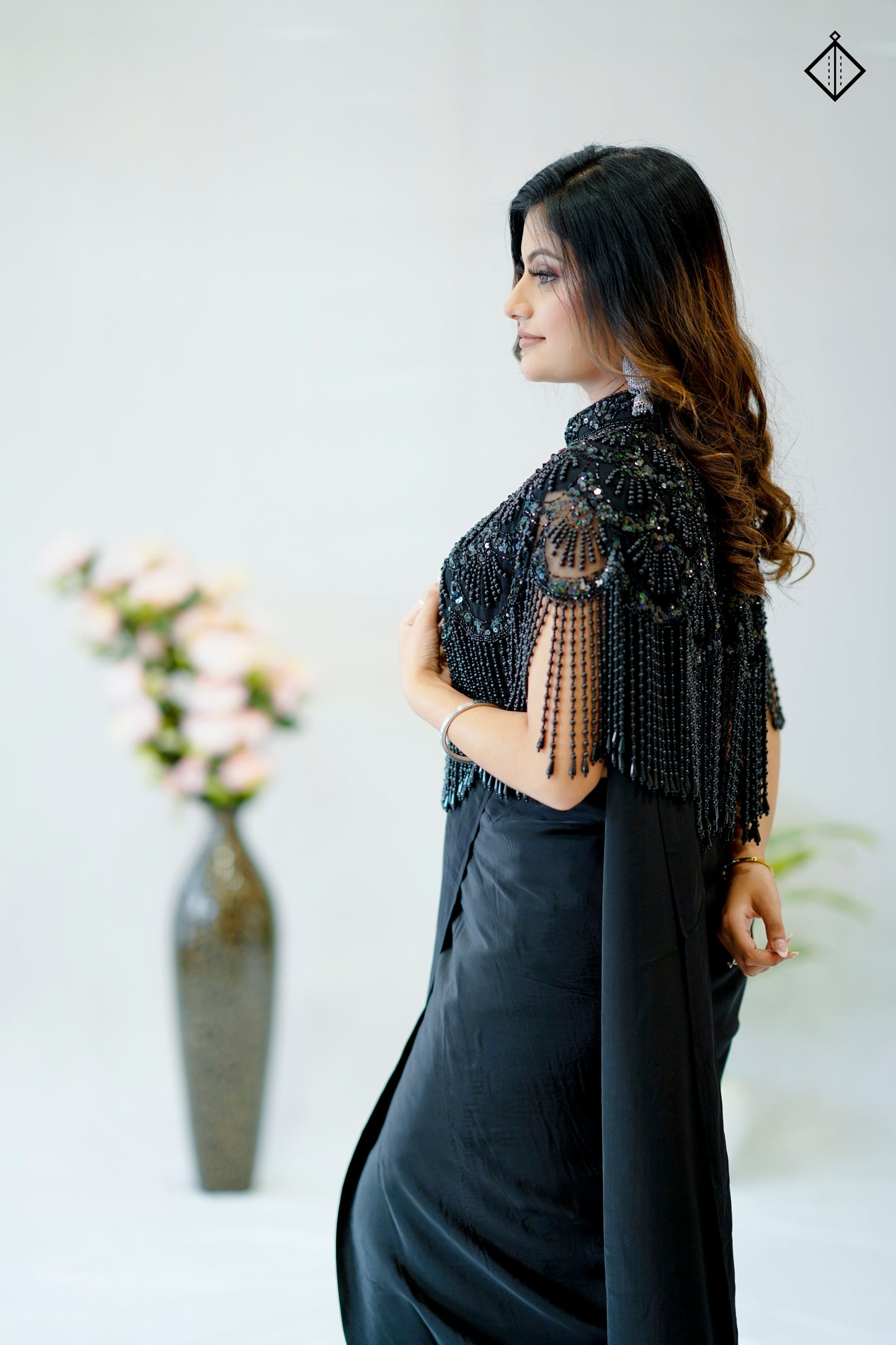 Suique Black Embellished Cape Saree