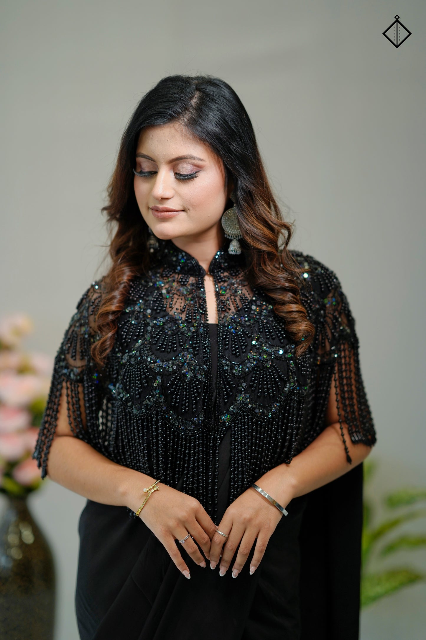 Suique Black Embellished Cape Saree
