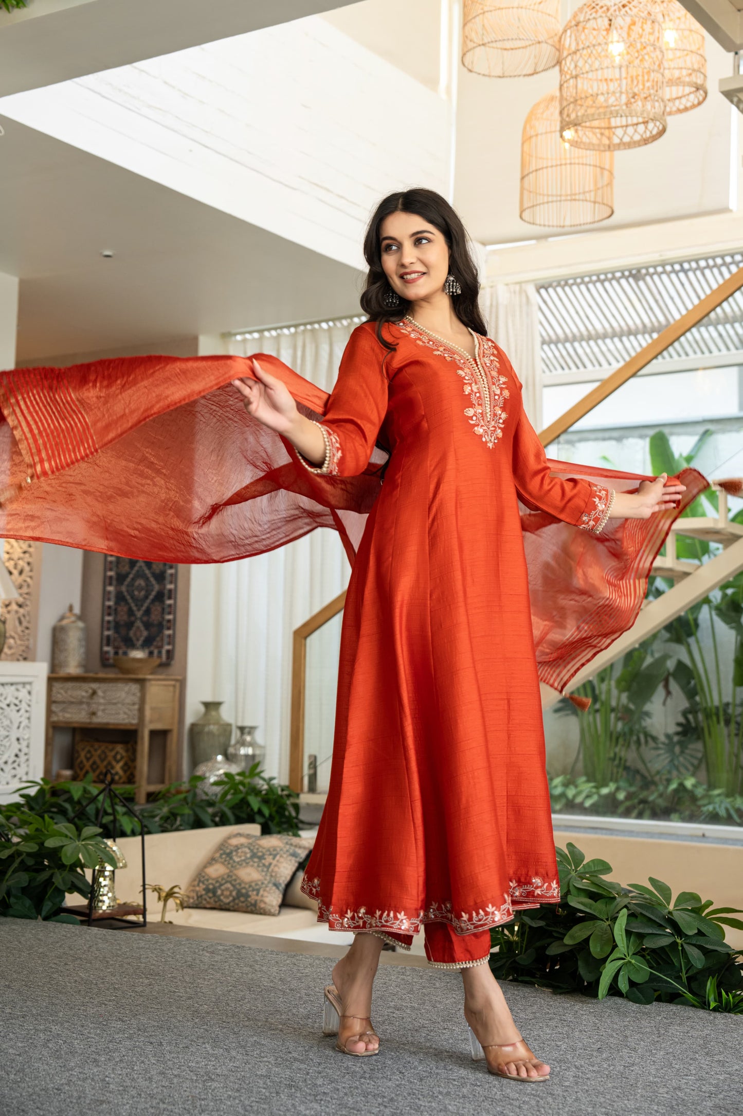 Suique Rust Orange Embroidered Anarkali Set