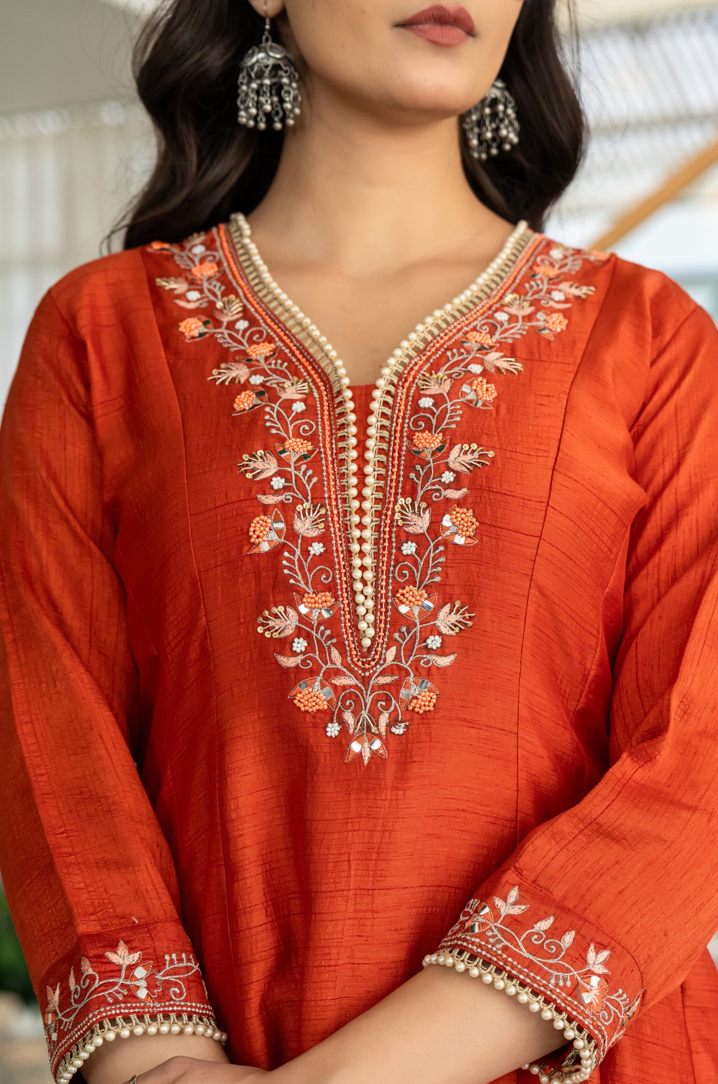 Suique Rust Orange Embroidered Anarkali Set