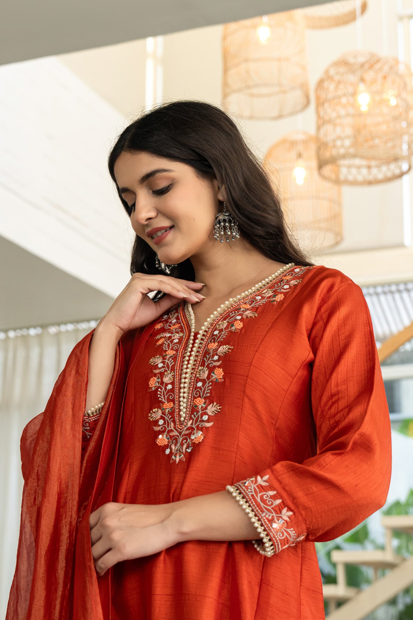 Suique Rust Orange Embroidered Anarkali Set