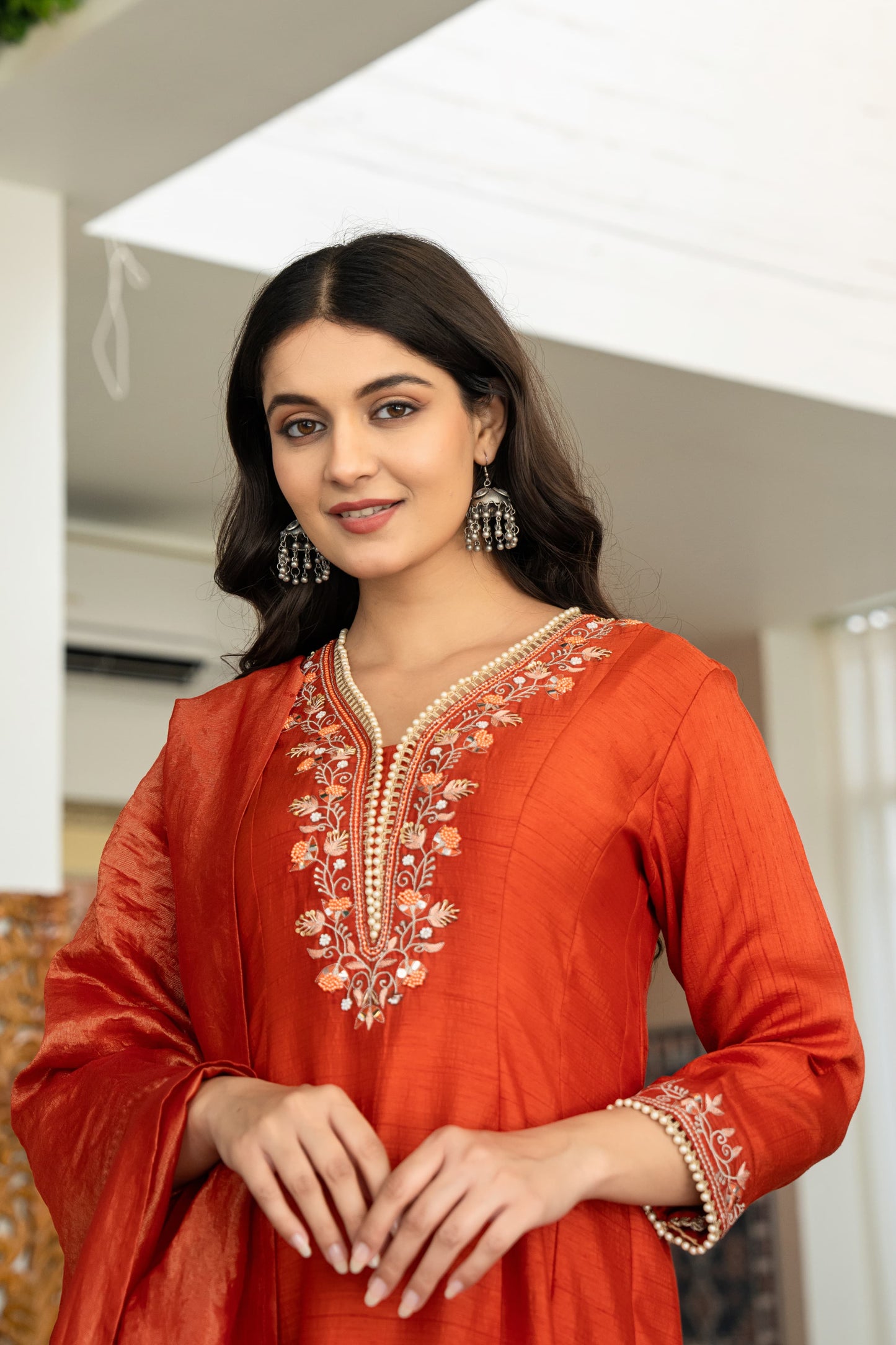 Suique Rust Orange Embroidered Anarkali Set