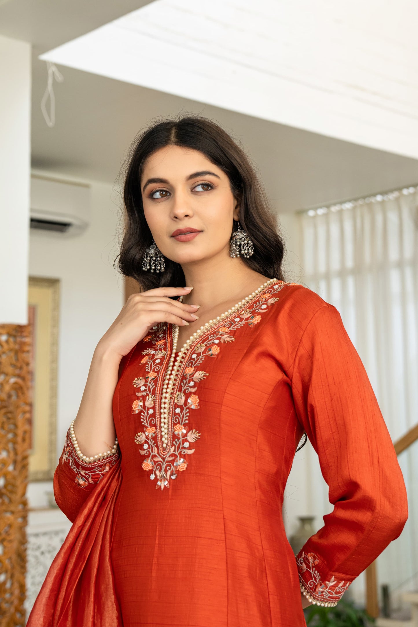 Suique Rust Orange Embroidered Anarkali Set