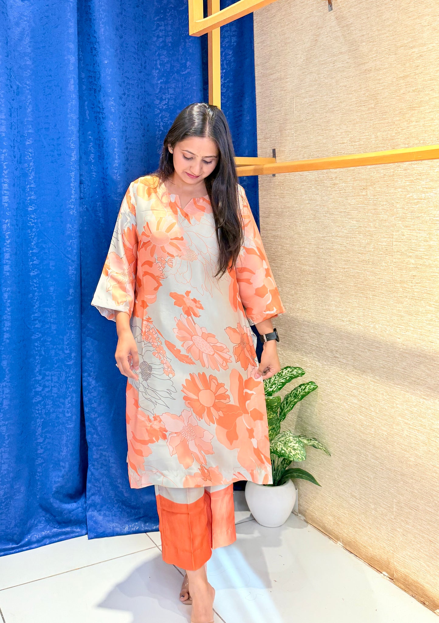 Peach Blossom Floral Kurta Set