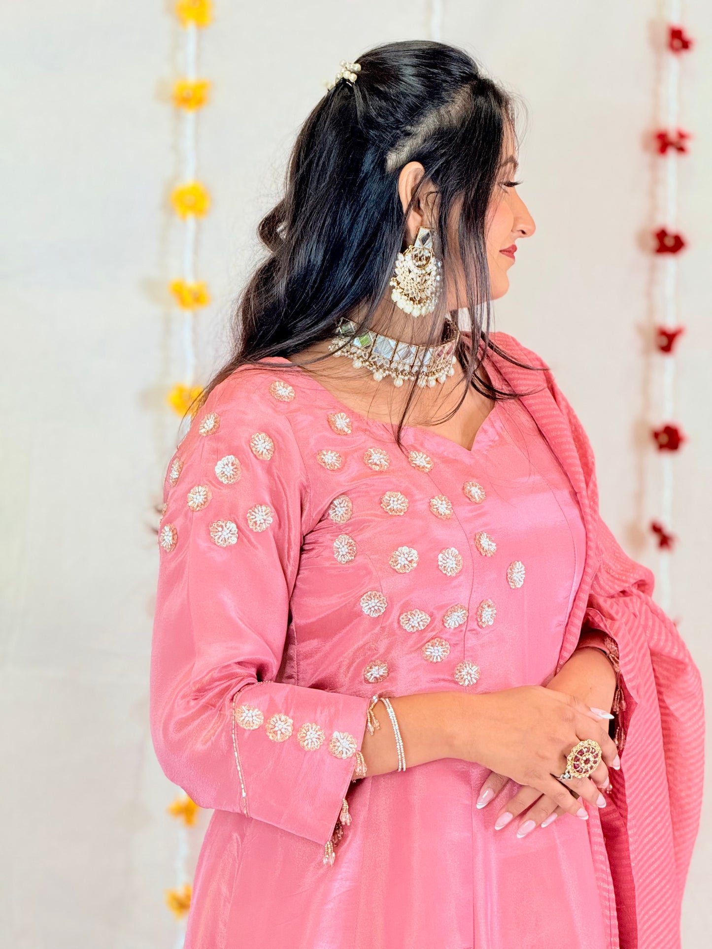 Blush Pink Anarkali Set with Embellished Yoke & Striped Dupatta