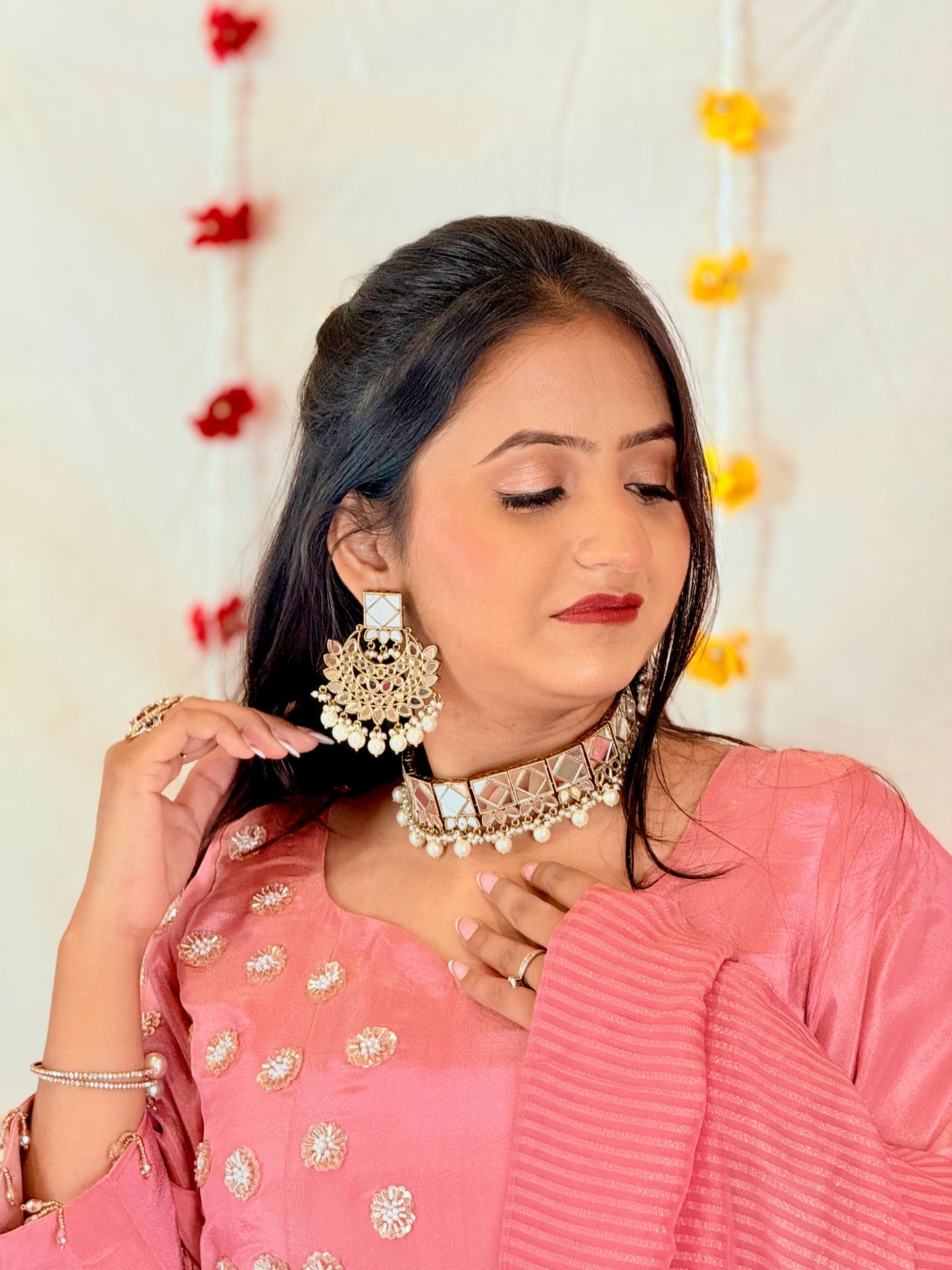 Blush Pink Anarkali Set with Embellished Yoke & Striped Dupatta