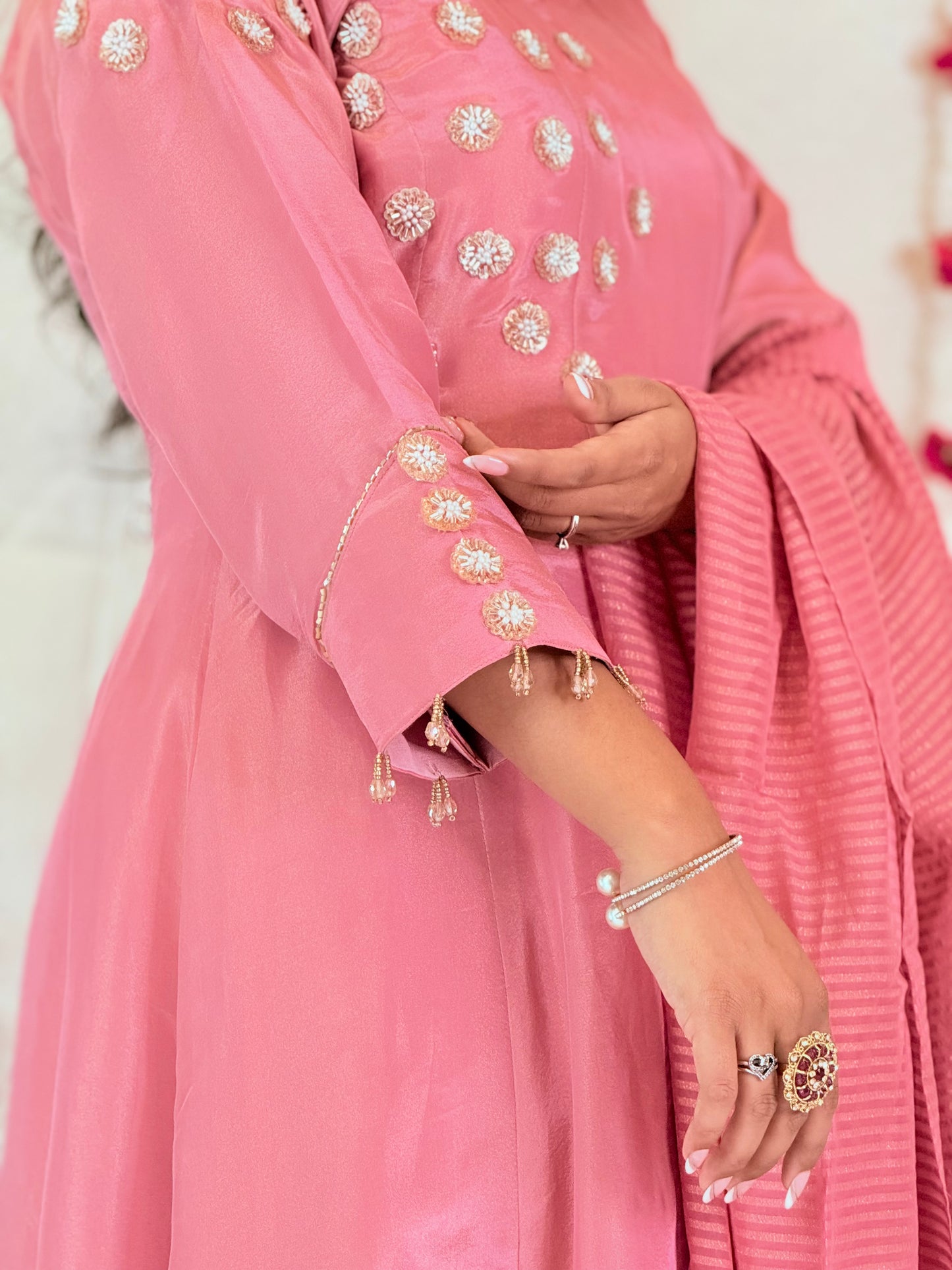 Blush Pink Anarkali Set with Embellished Yoke & Striped Dupatta