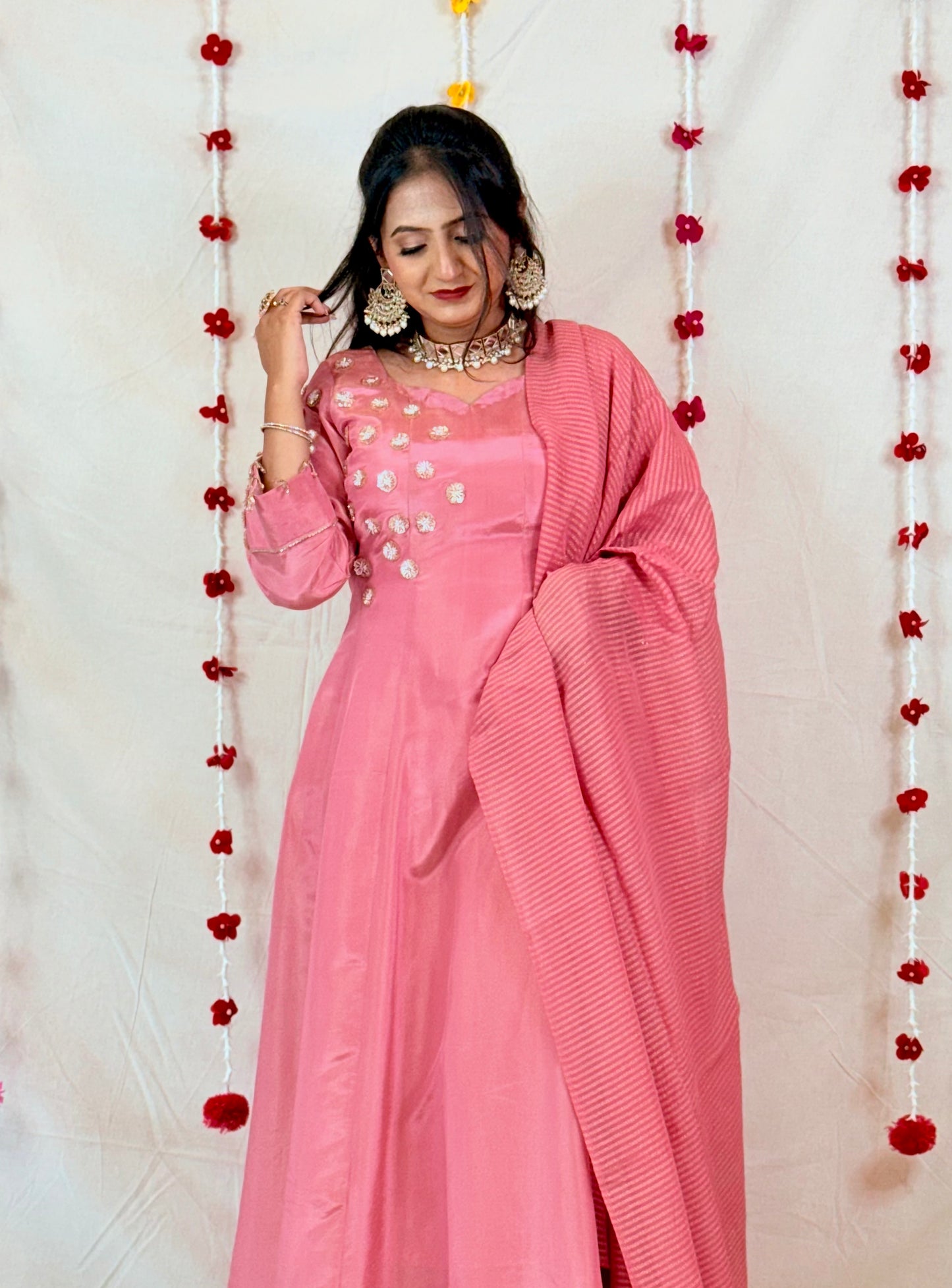 Blush Pink Anarkali Set with Embellished Yoke & Striped Dupatta