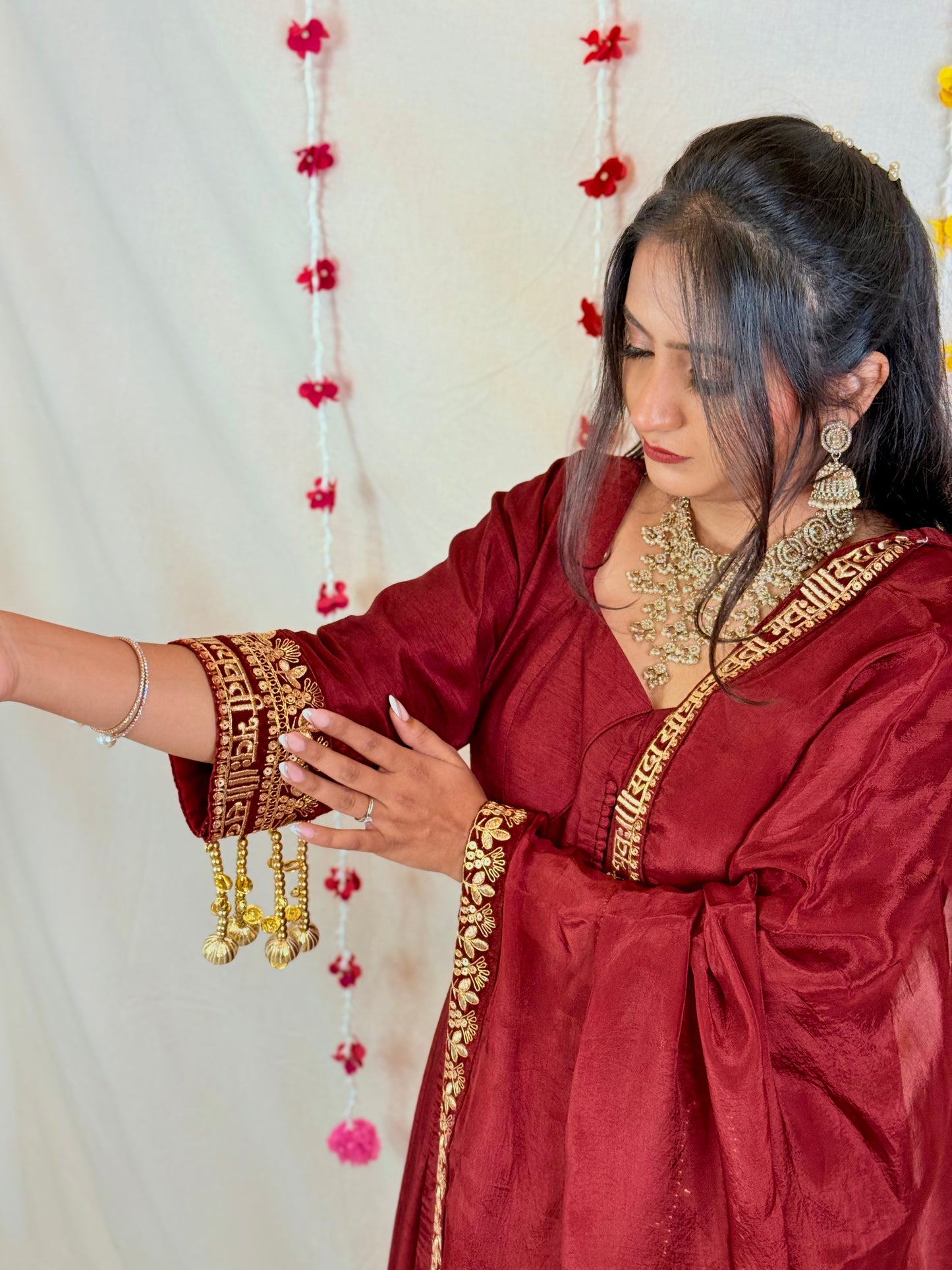 Maroon Anarkali Suit with Golden Embellished Border & Dupatta