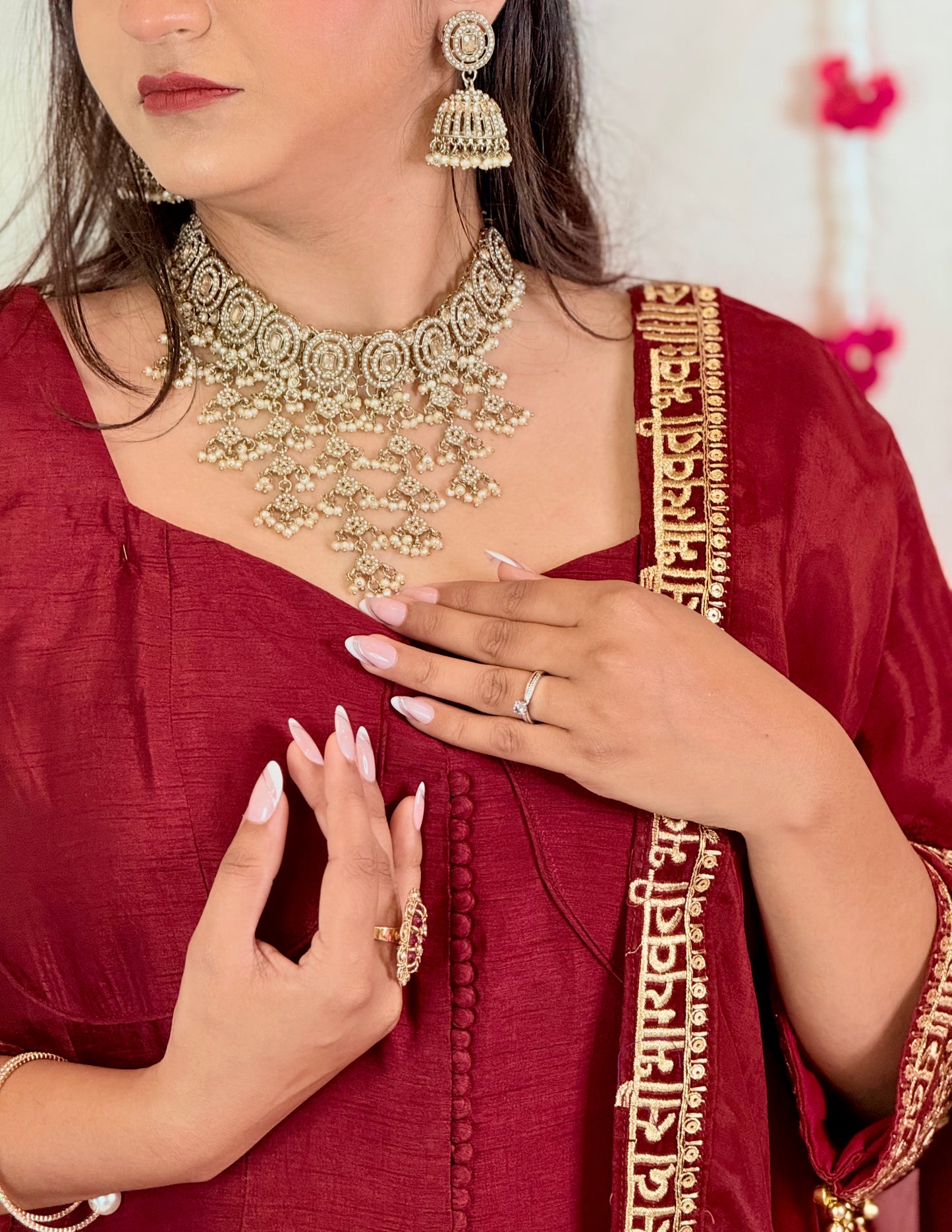 Maroon Anarkali Suit with Golden Embellished Border & Dupatta