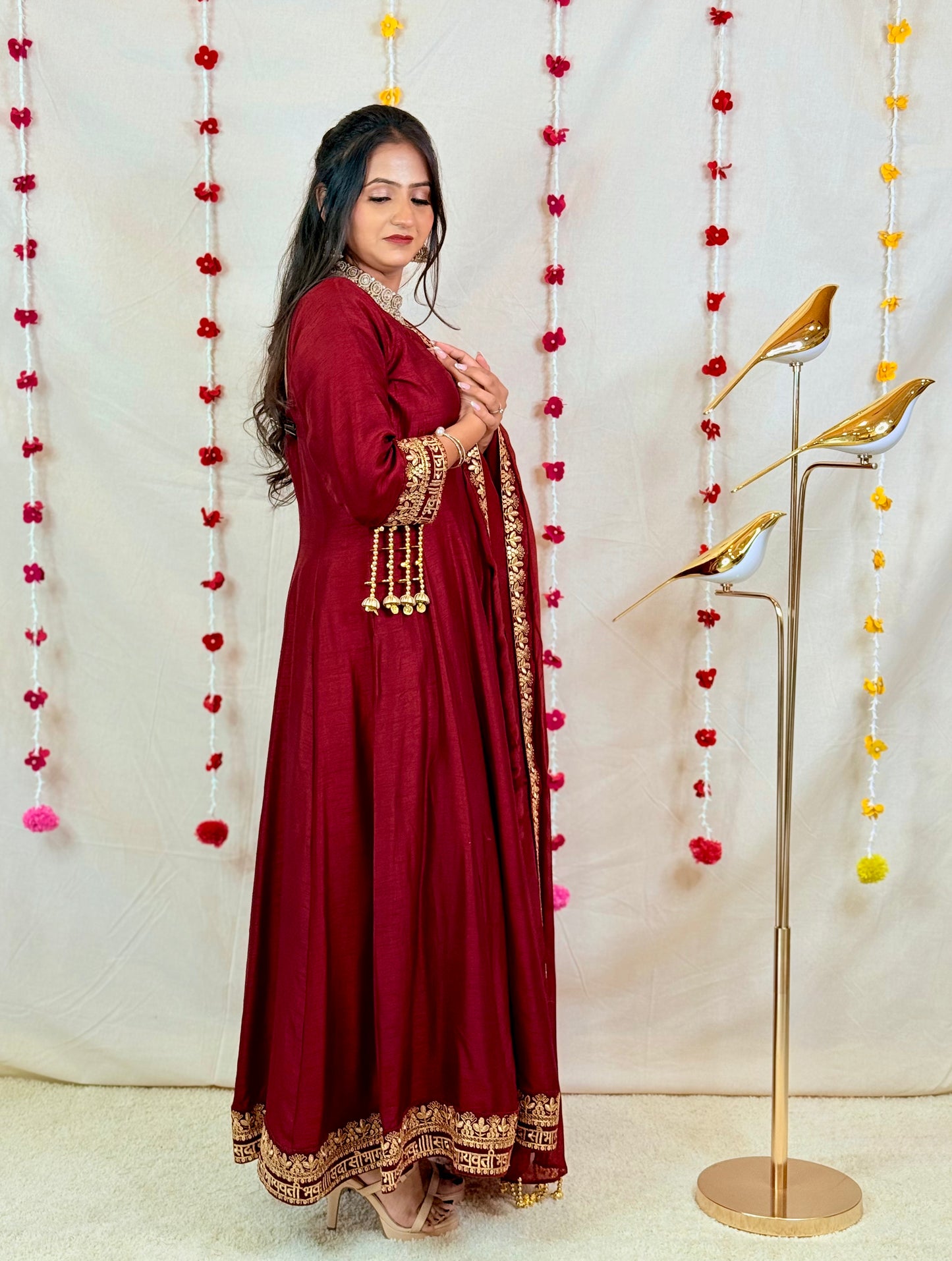 Maroon Anarkali Suit with Golden Embellished Border & Dupatta