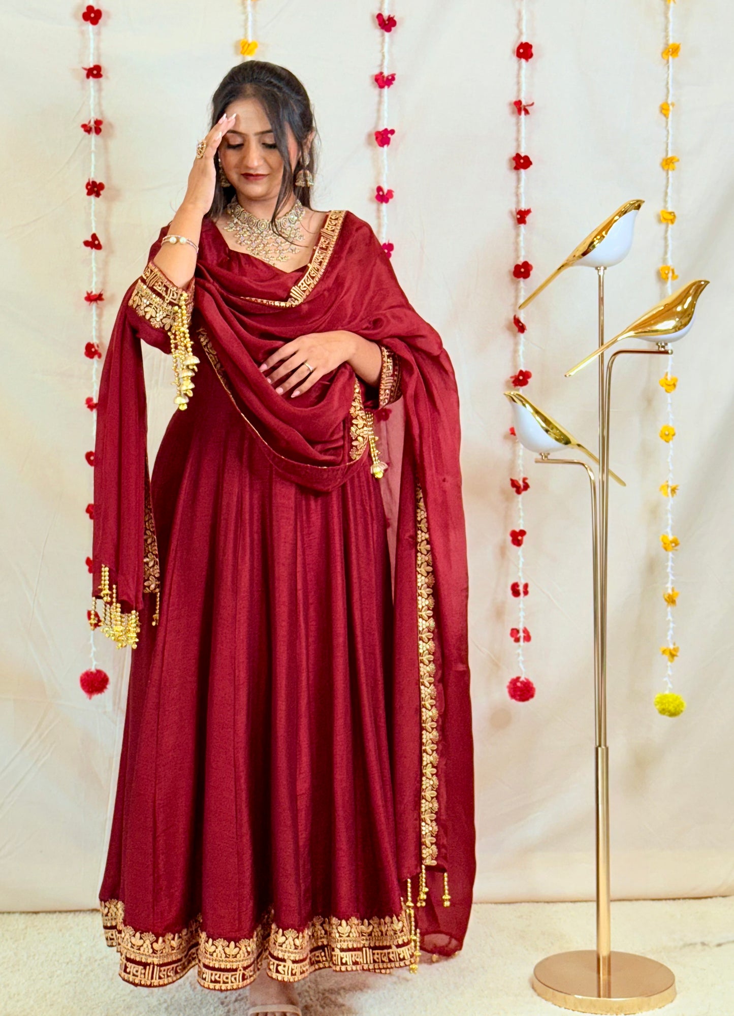 Maroon Anarkali Suit with Golden Embellished Border & Dupatta
