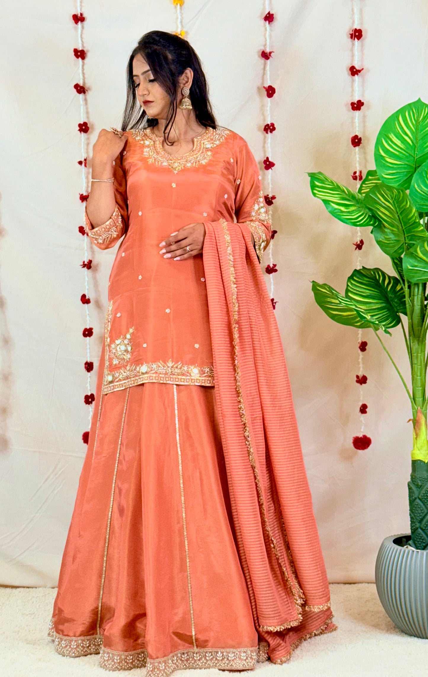 Peach Embroidered Kurta with Lehenga & Dupatta