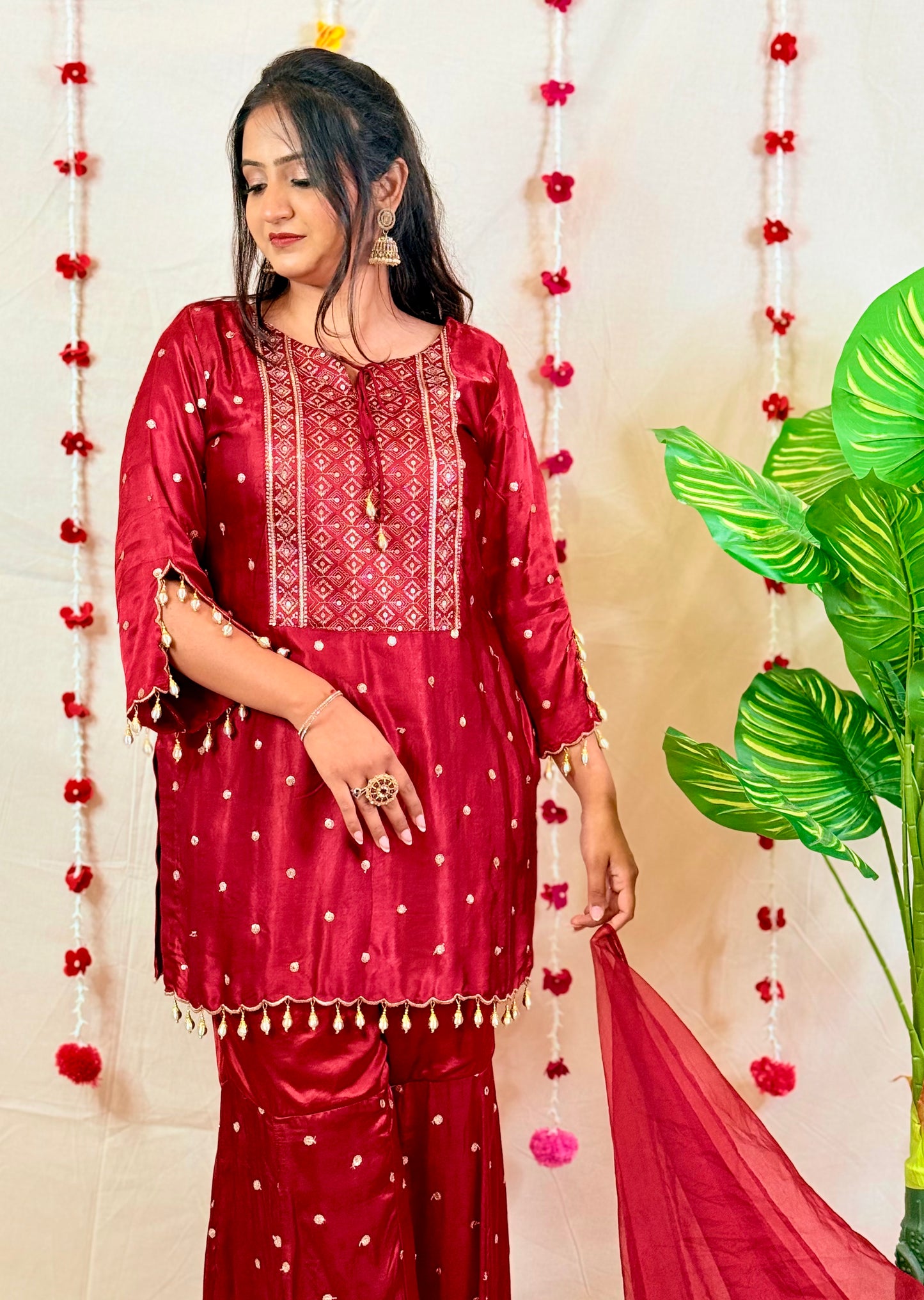 Maroon Sharara Set with Embroidered Kurta & Dupatta