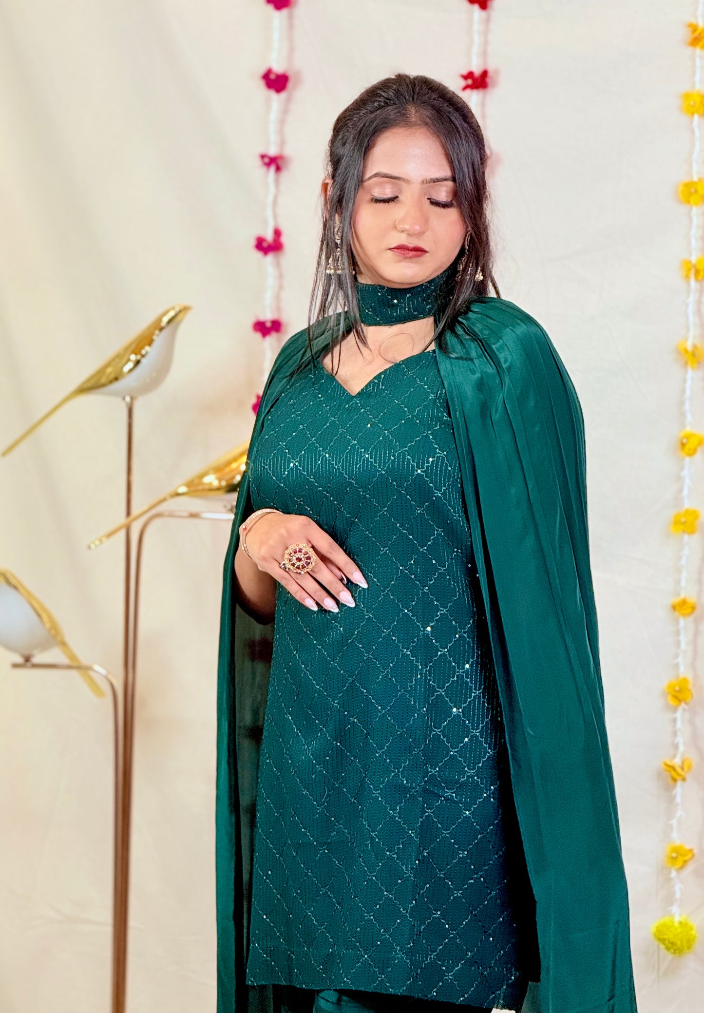 Dark Green Sequin Cape Style Sharara Set