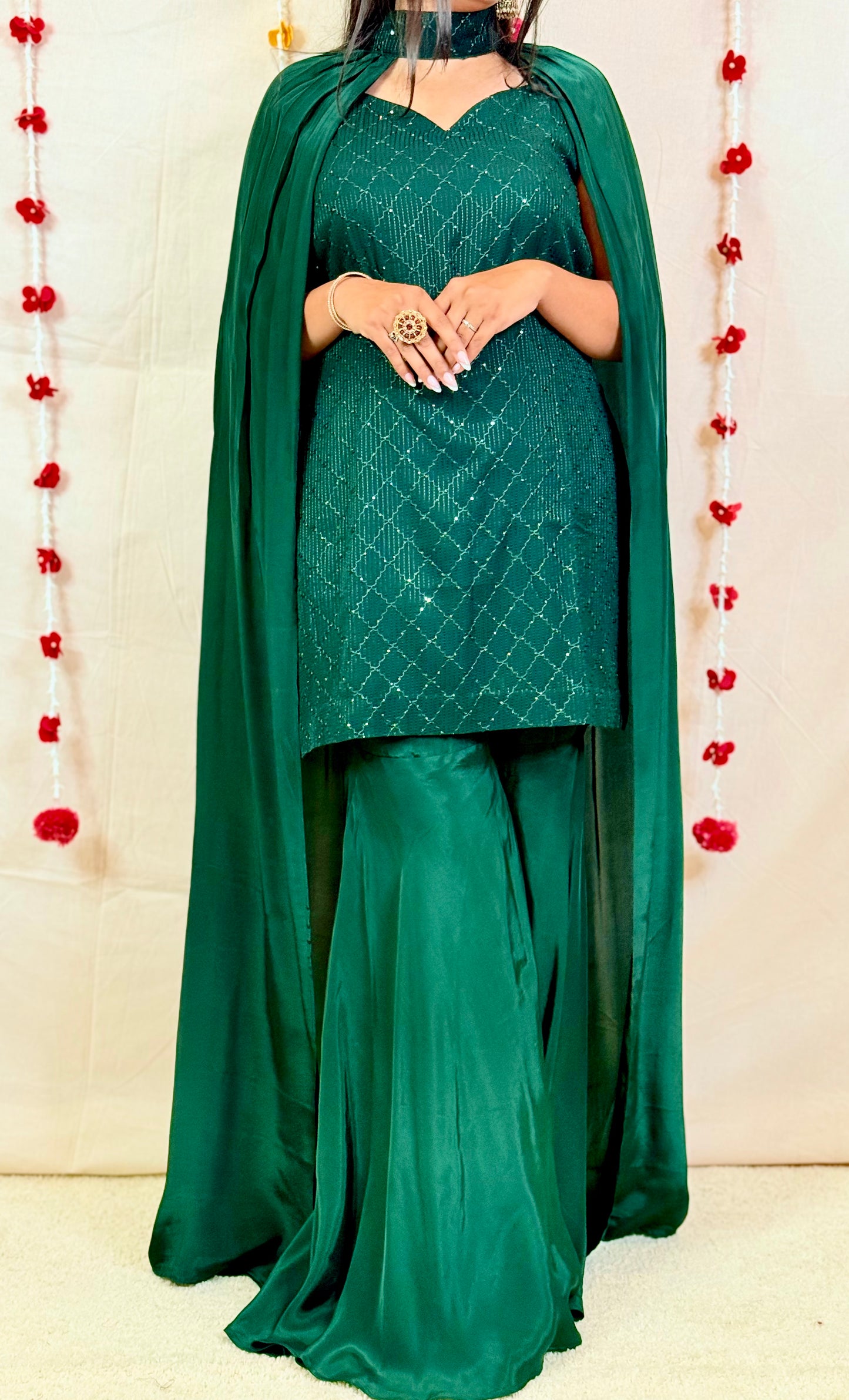 Dark Green Sequin Cape Style Sharara Set