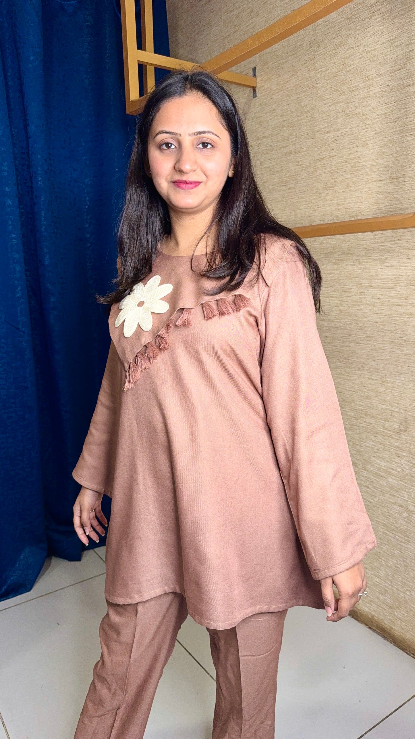 Blush Nude Co-Ord Set with Floral Appliqué Detail