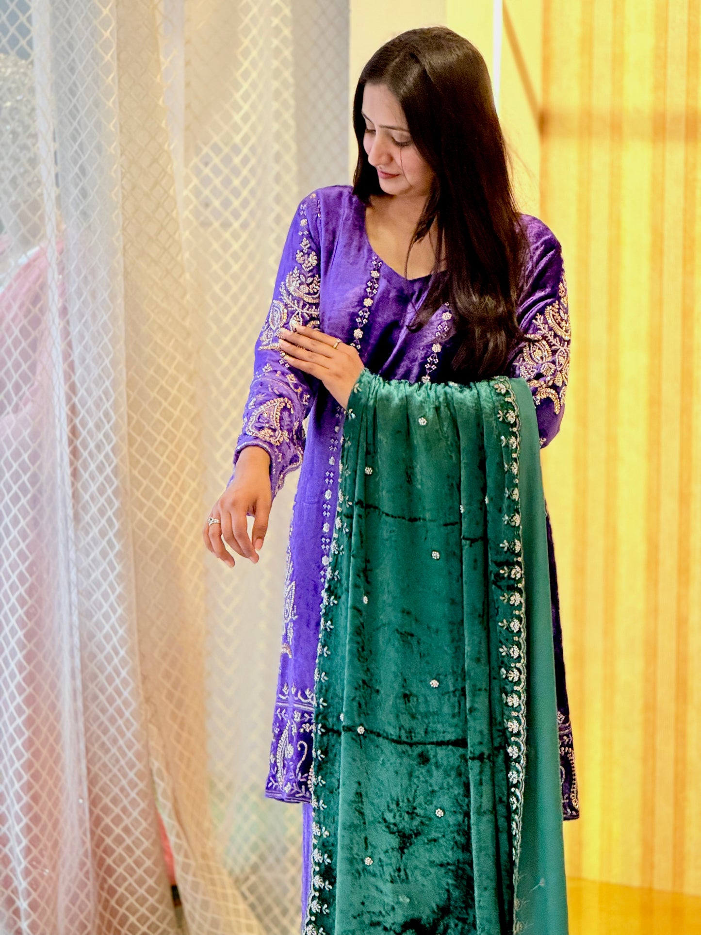 Royal Purple Festive Suit Set with Emerald Dupatta