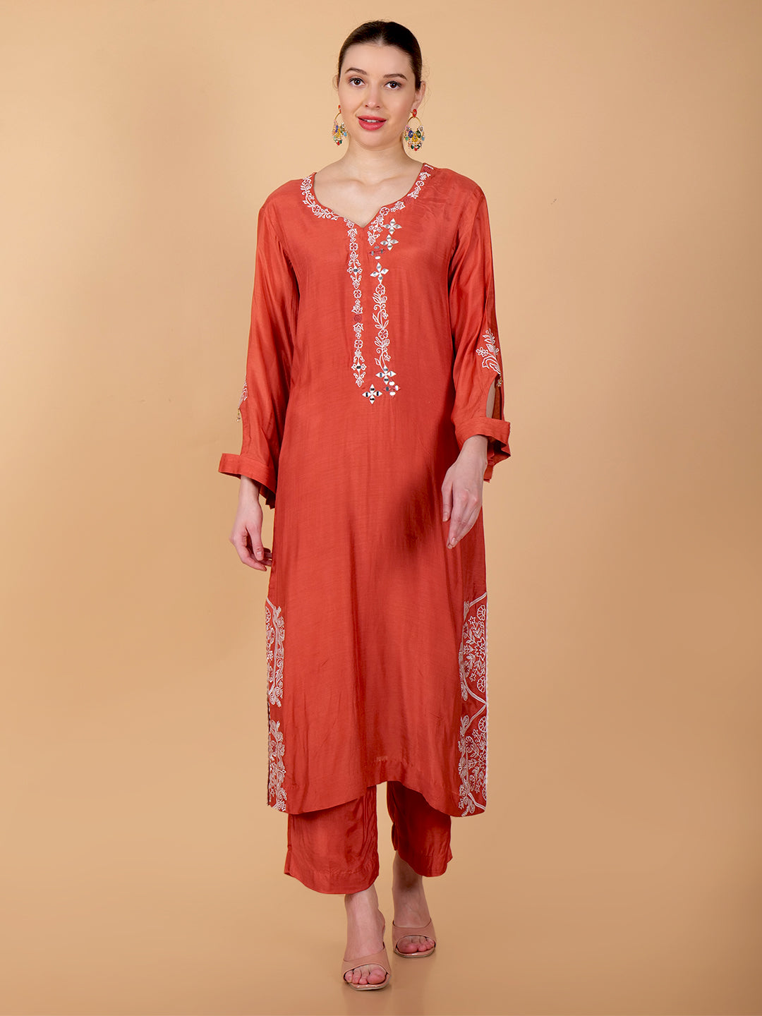 Suique Rust Embroidered Kurta Set with Mirror Detailing