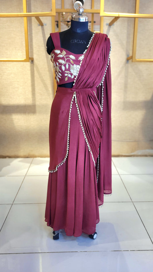 Suique Maroon Draped Saree Set with Hand Embroidery