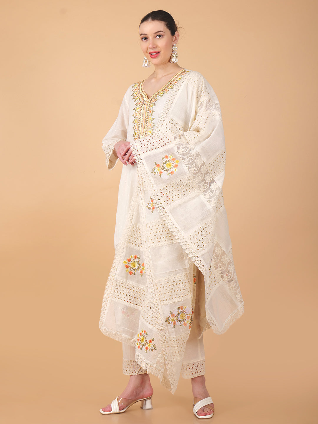 Suique Embroidered Beige Floral Suit Set