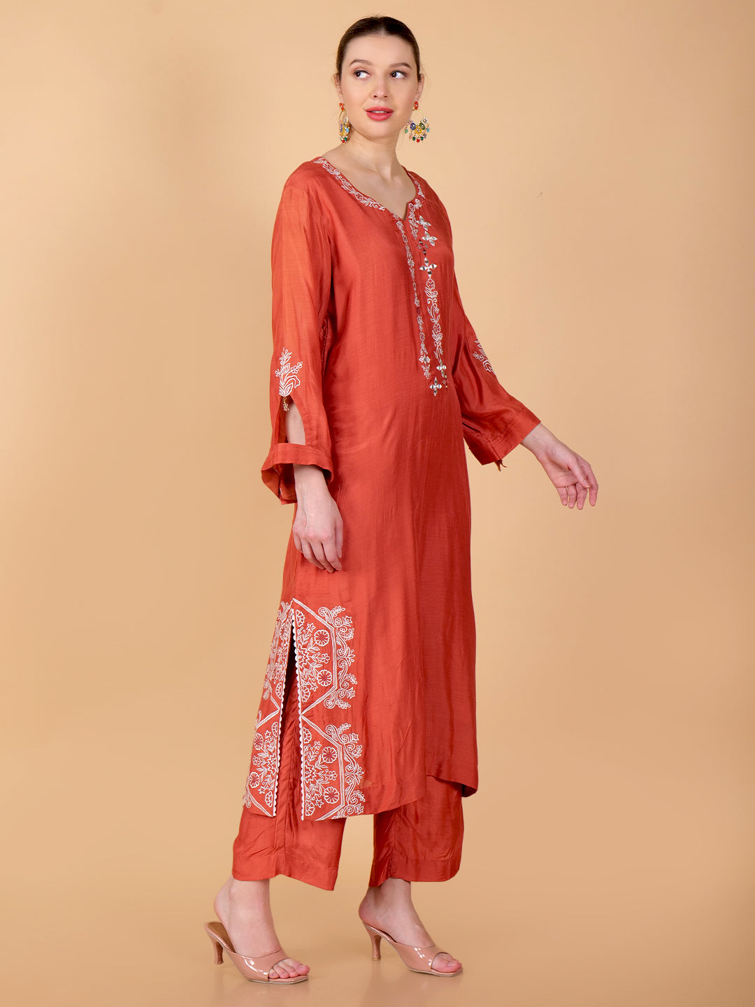 Suique Rust Embroidered Kurta Set with Mirror Detailing