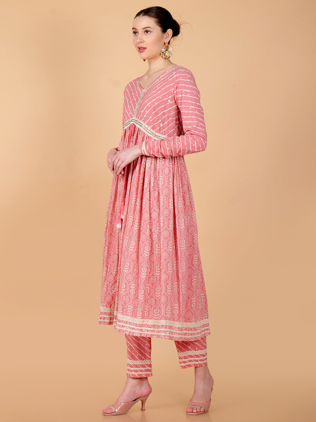 Suique Coral Printed Anarkali Set
