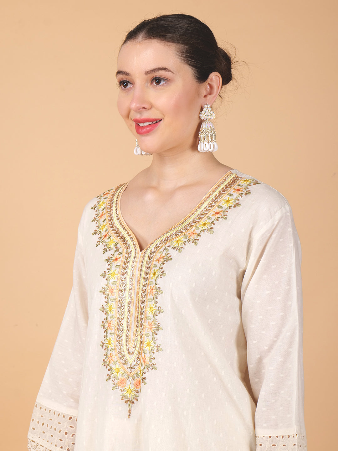 Suique Embroidered Beige Floral Suit Set