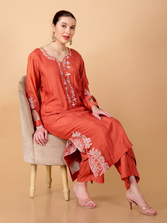 Suique Rust Embroidered Kurta Set with Mirror Detailing