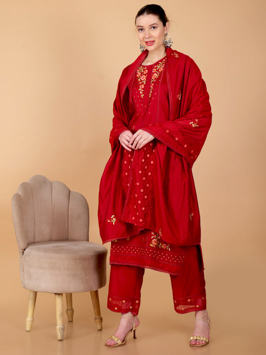 Suique Regal Red Embroidered Suit Set